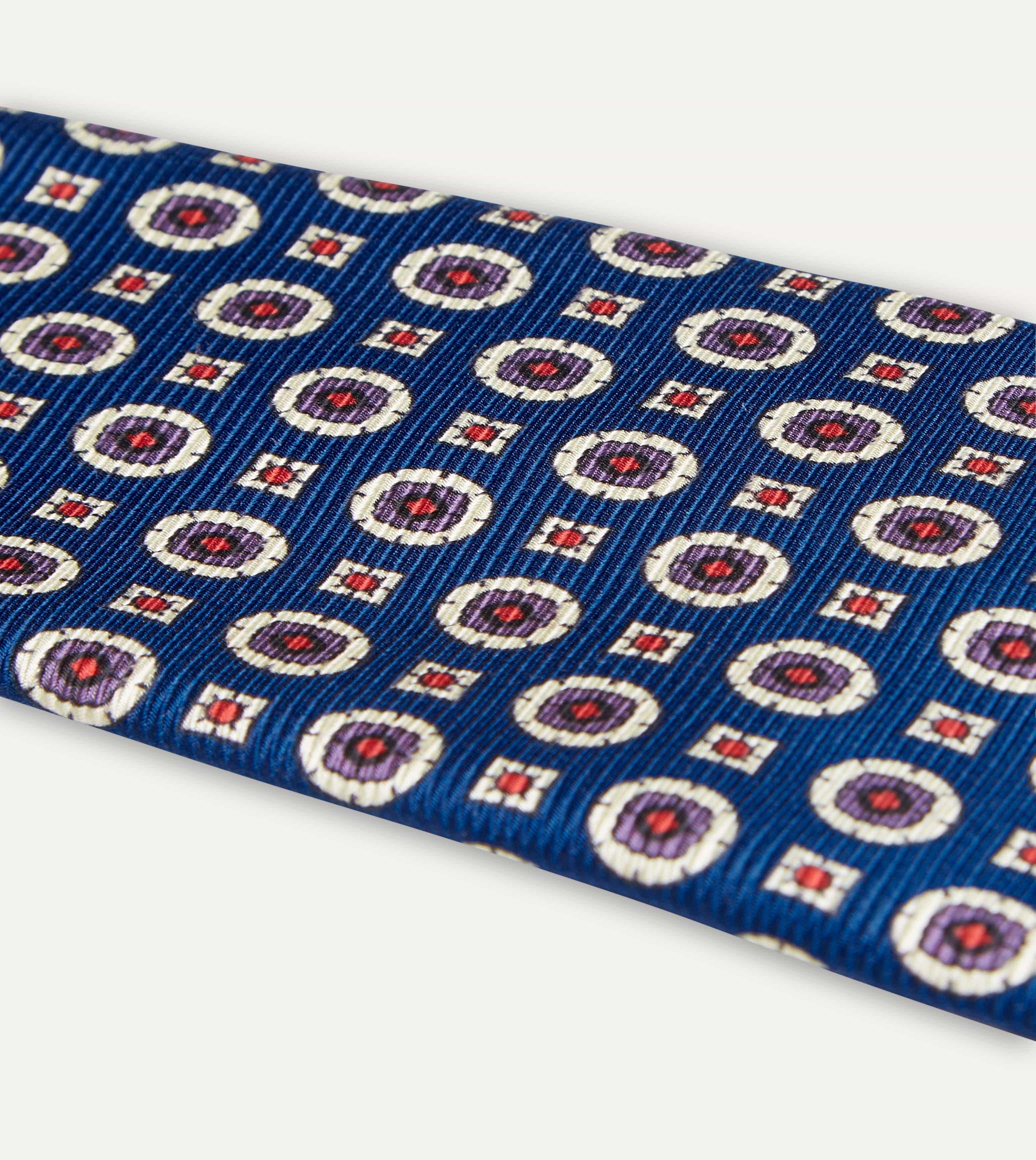 Blue and Red Geometric Medallion Print Silk Foulard Tie - Image 2