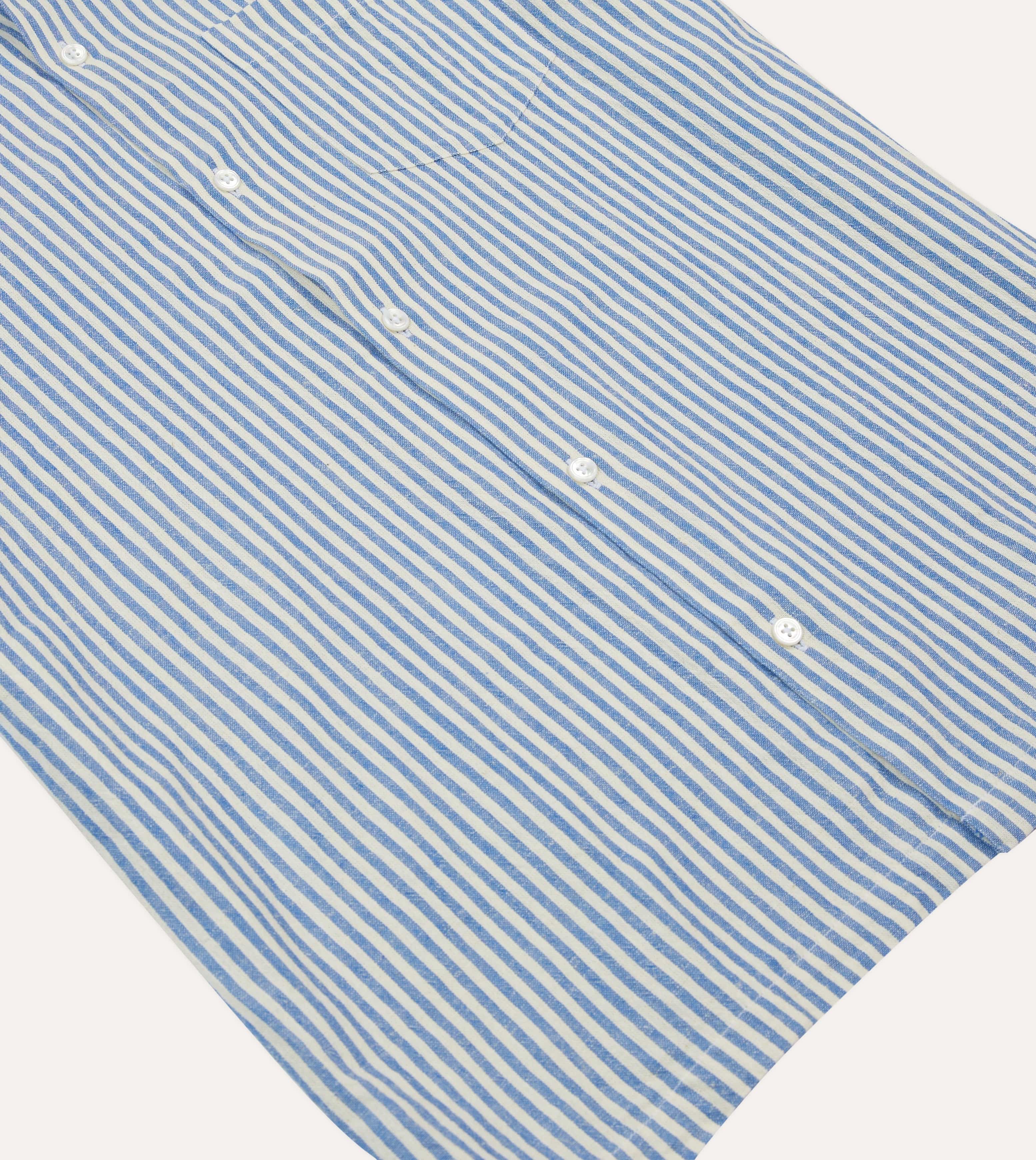 Blue and White Stripe Cotton-Linen Camp Collar Short Sleeve Shirt - Image 5