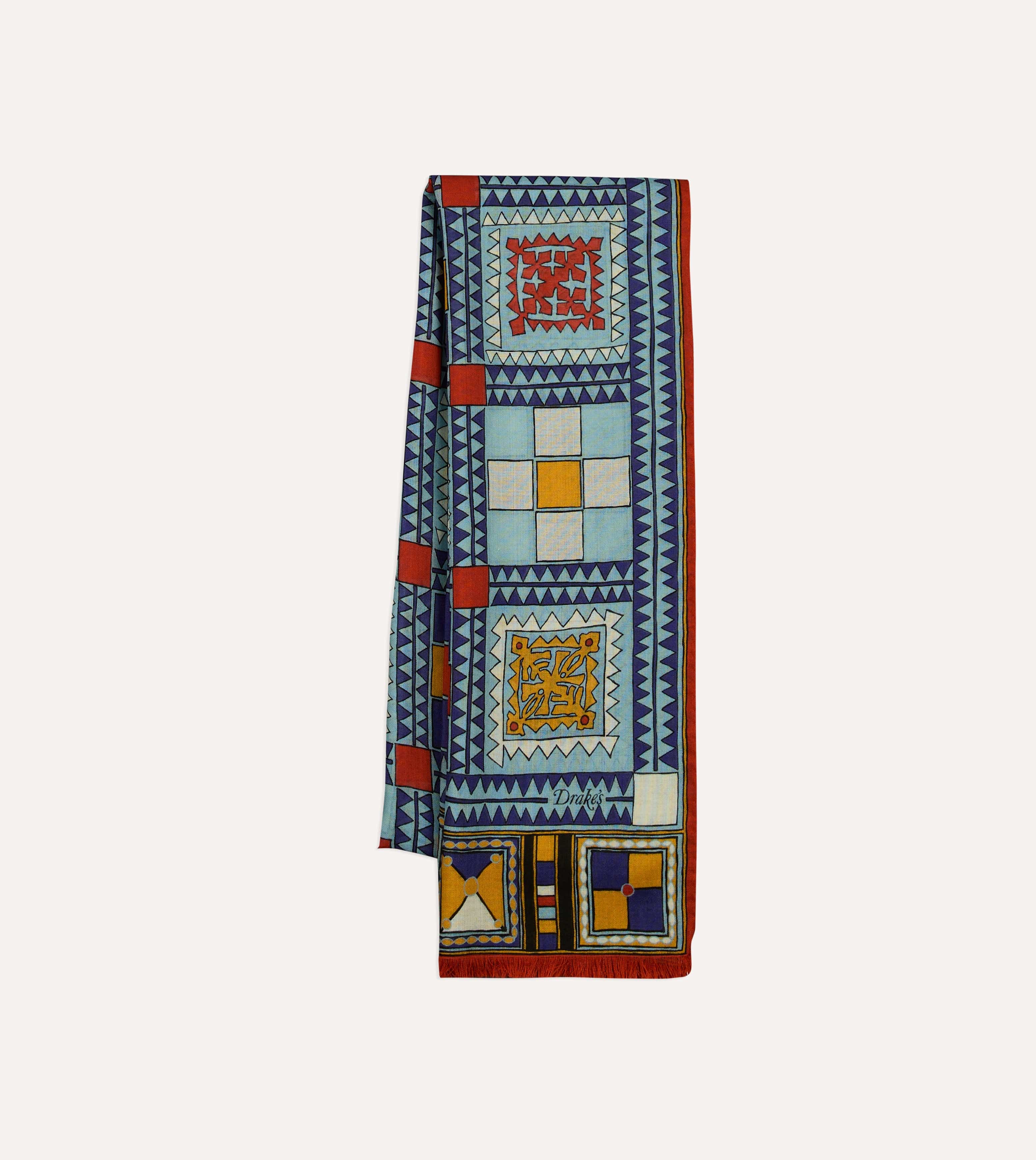 Blue Geometric Print Wool Silk Scarf - Image 2