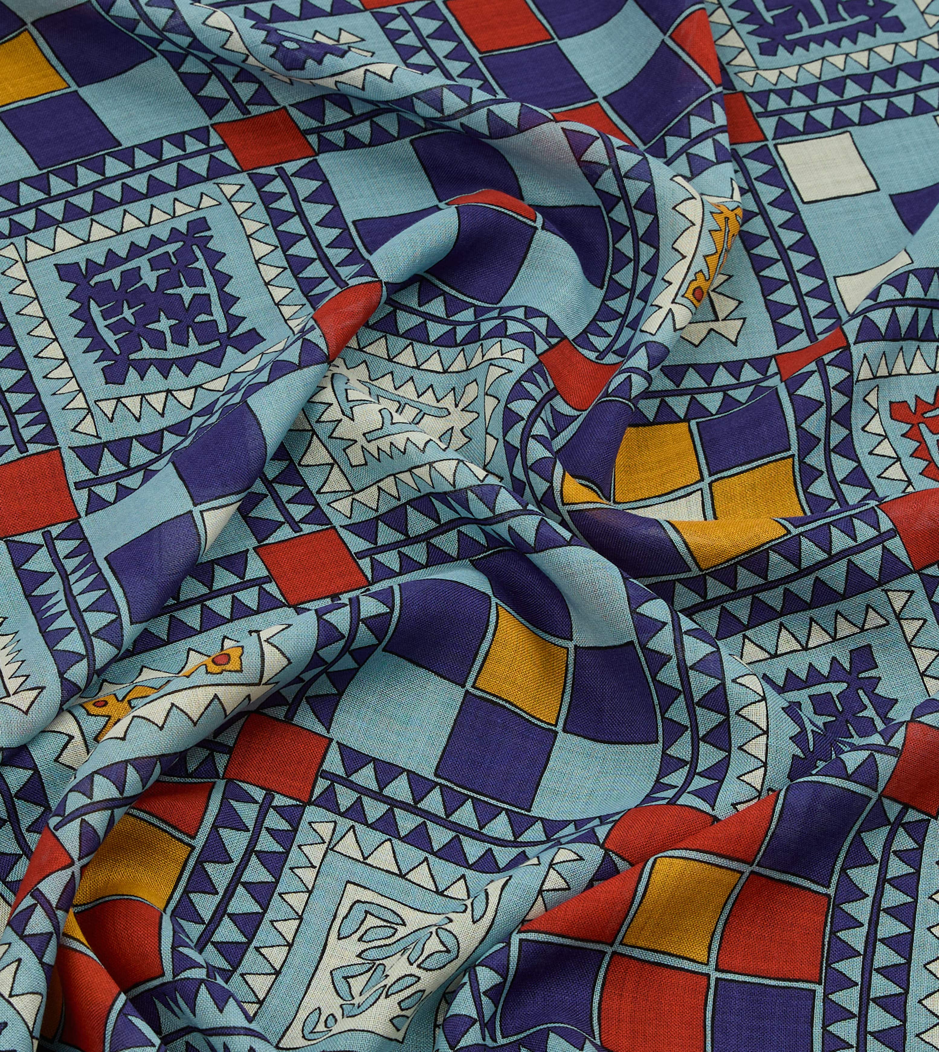 Blue Geometric Print Wool Silk Scarf - Image 3
