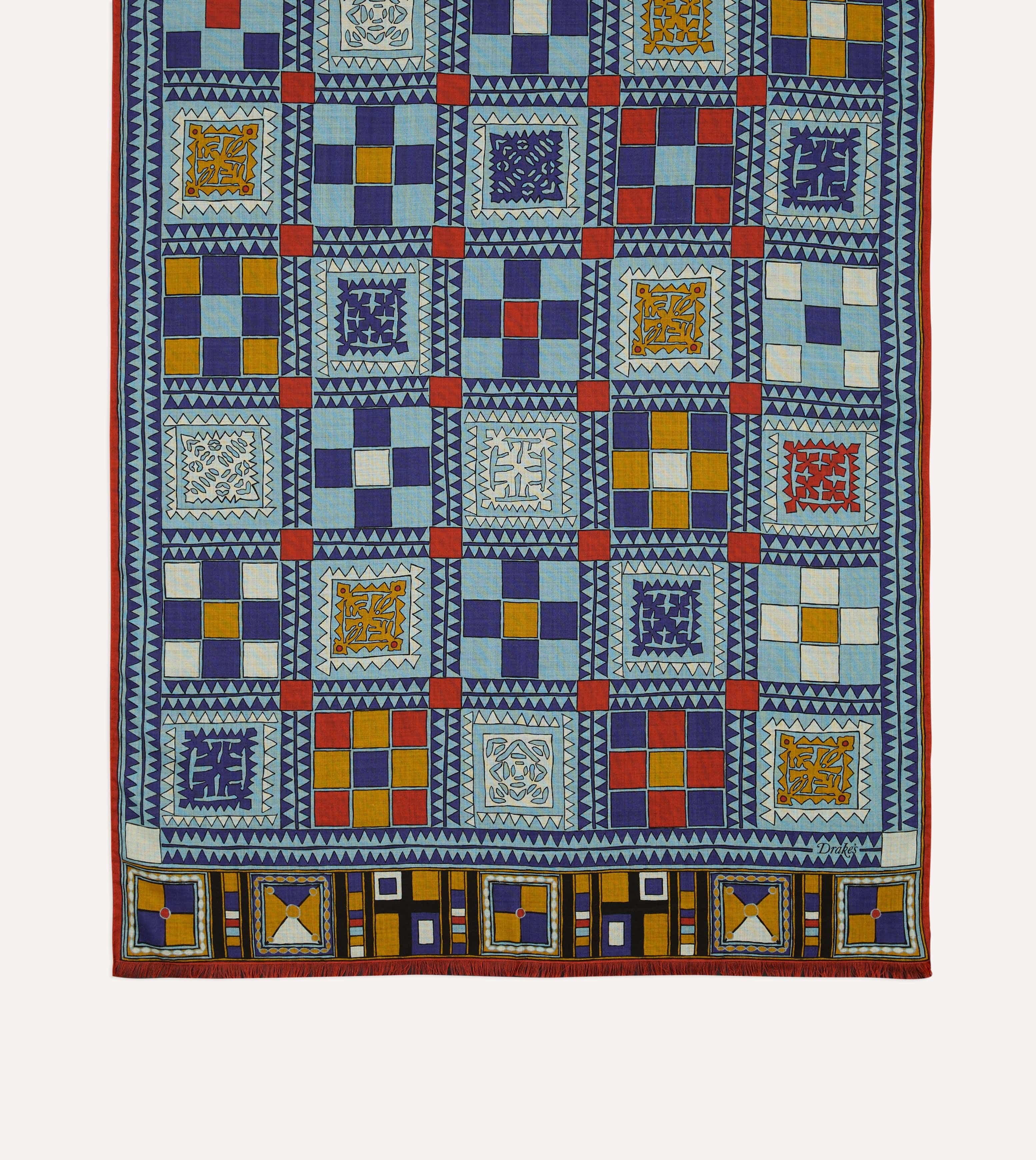Blue Geometric Print Wool Silk Scarf - Image 4