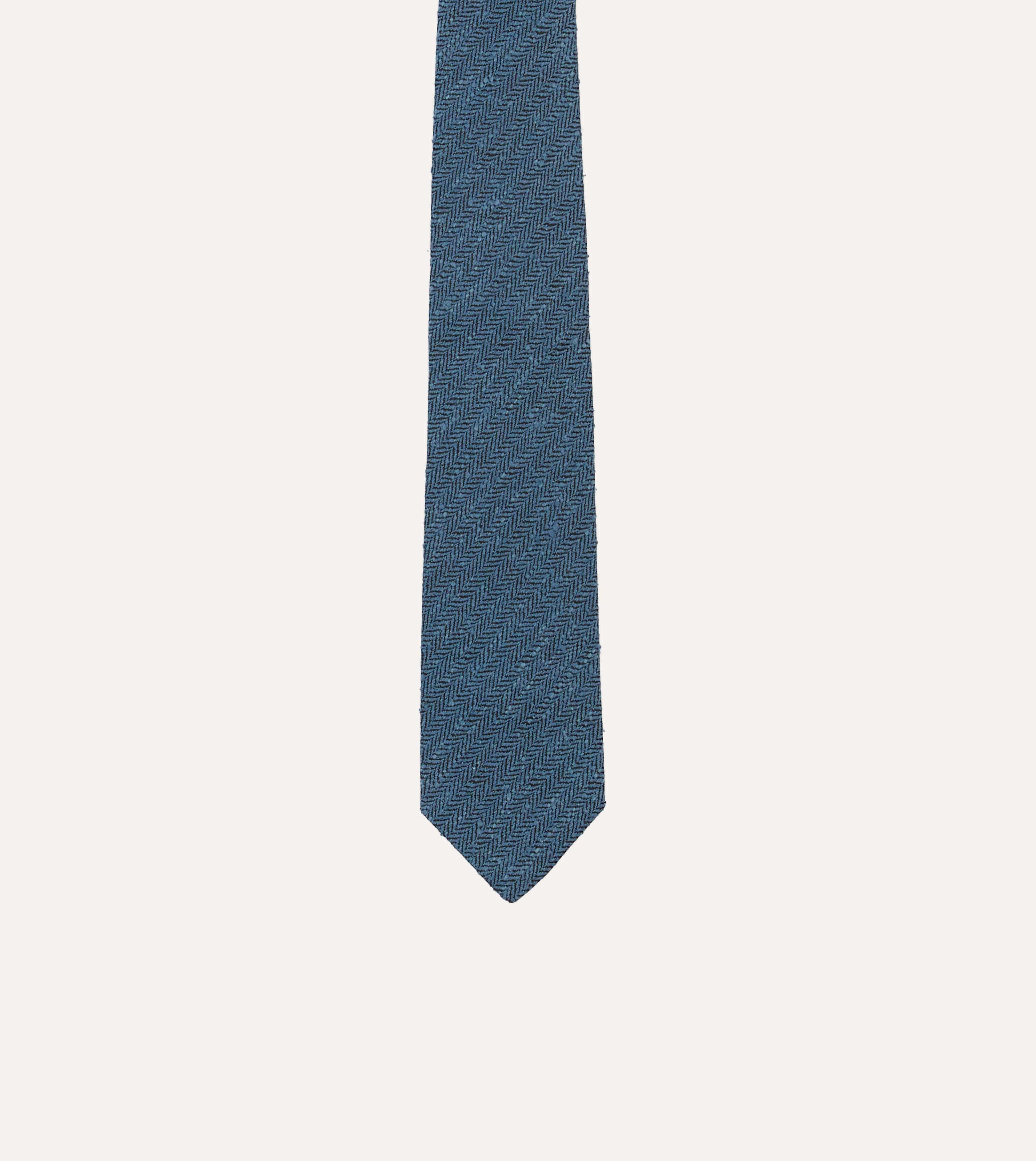 Blue Herringbone Shantung Silk Tipped Tie - Image 3