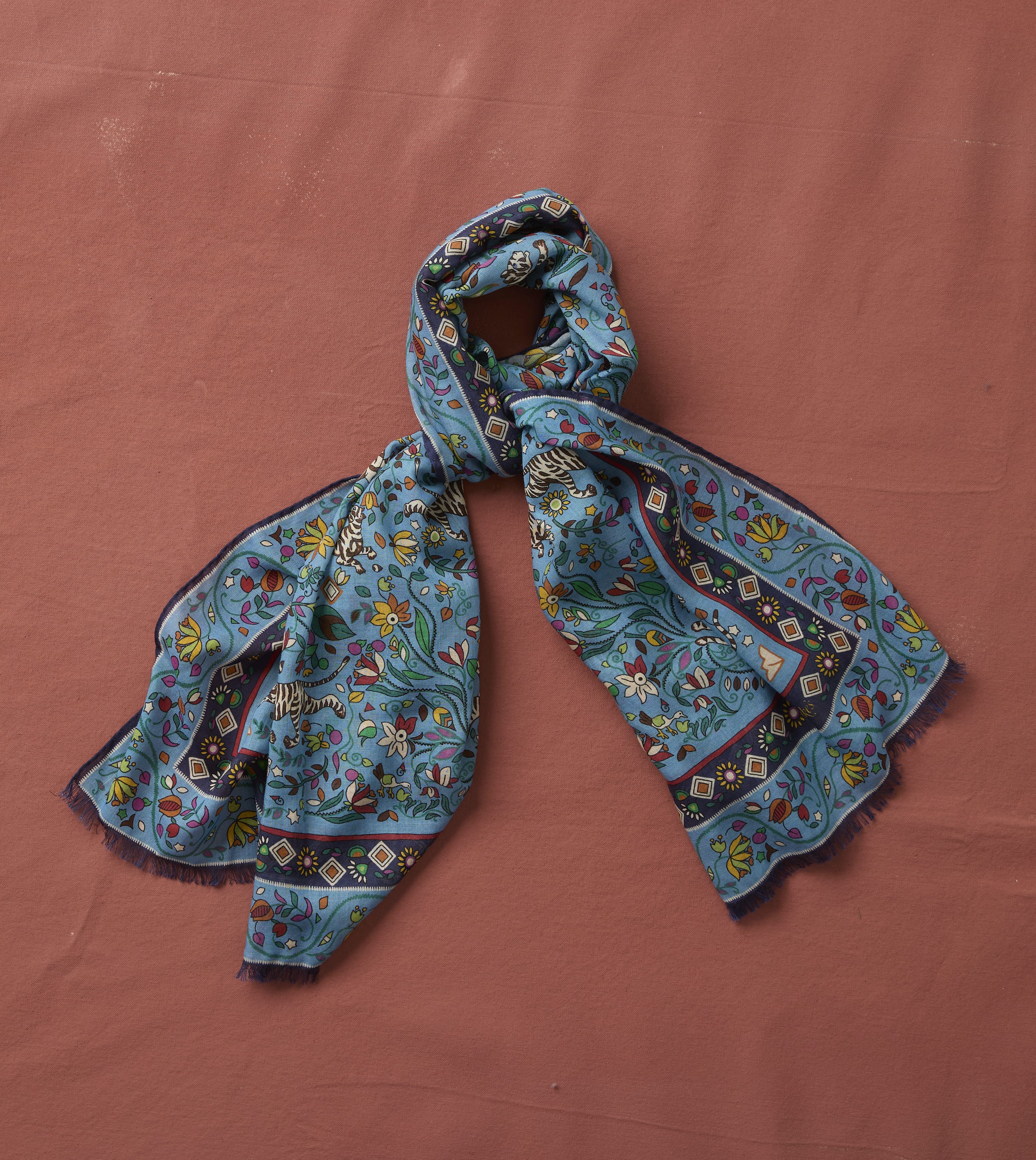 Blue Tiger Garden Print Wool Silk Scarf - Image 2