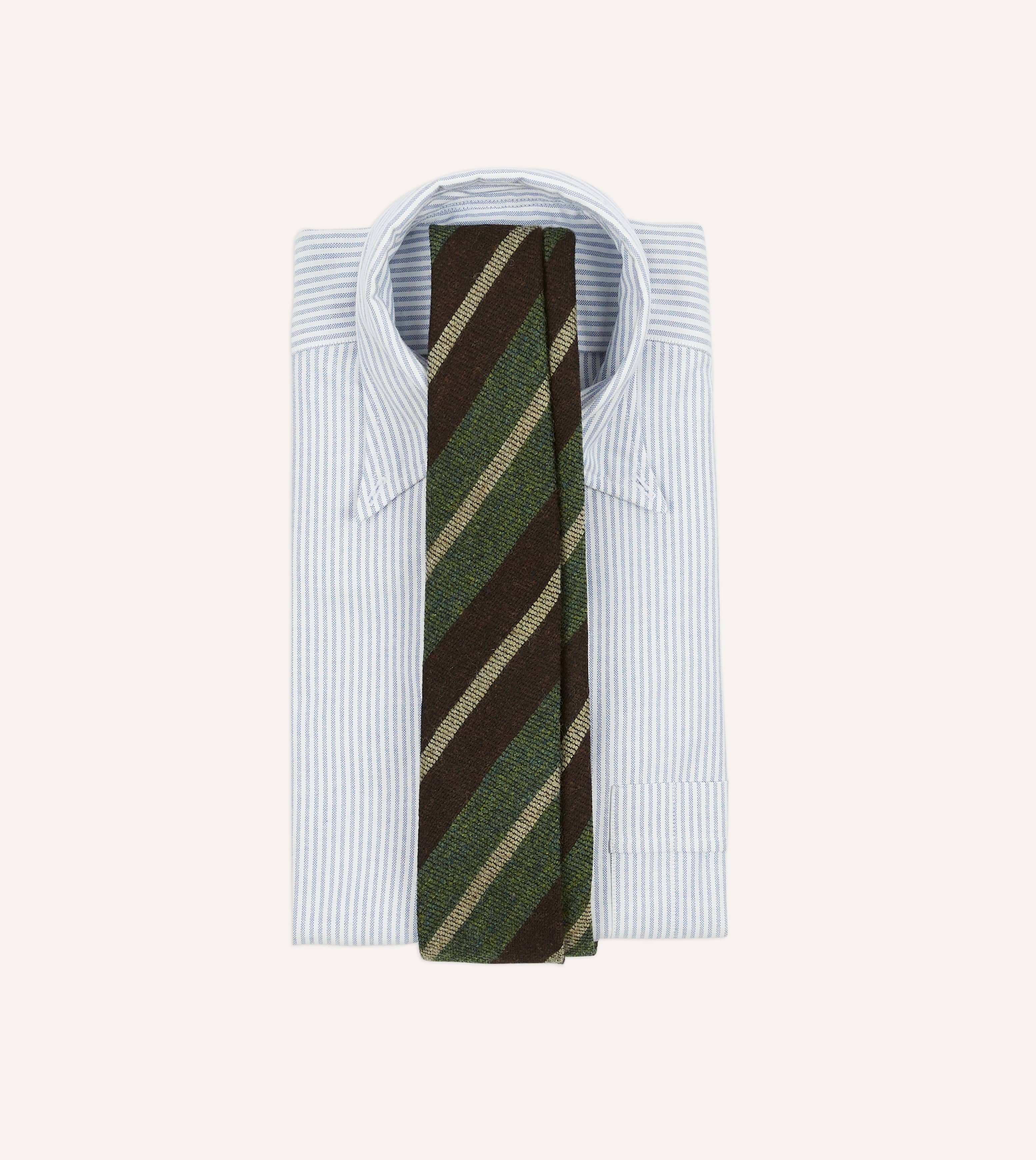Brown and Green Block Stripe Herringbone Hand Rolled Shetland Wool Tie - Image 2