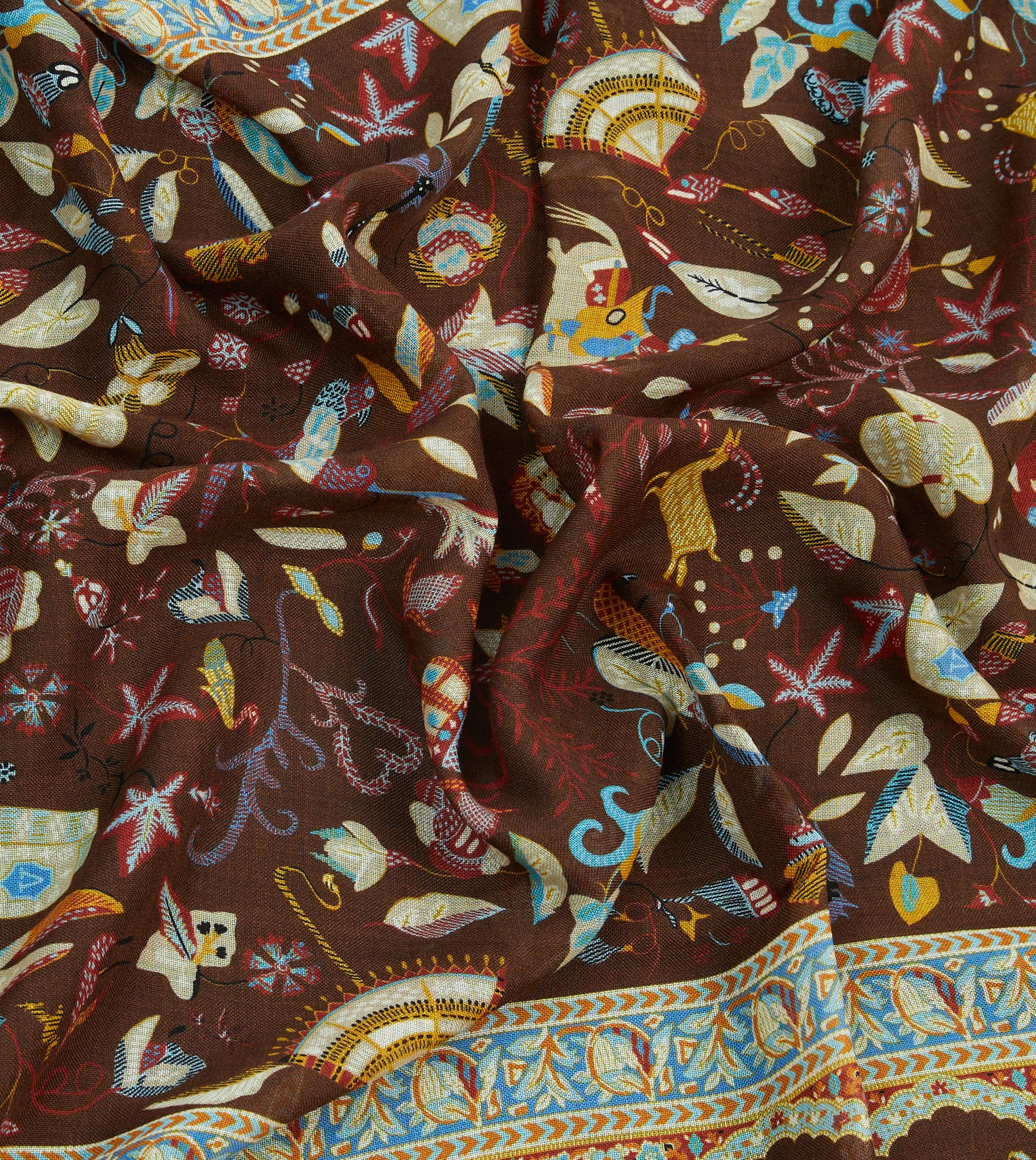 Brown Classic Mughal Print Wool Silk Scarf - Image 2
