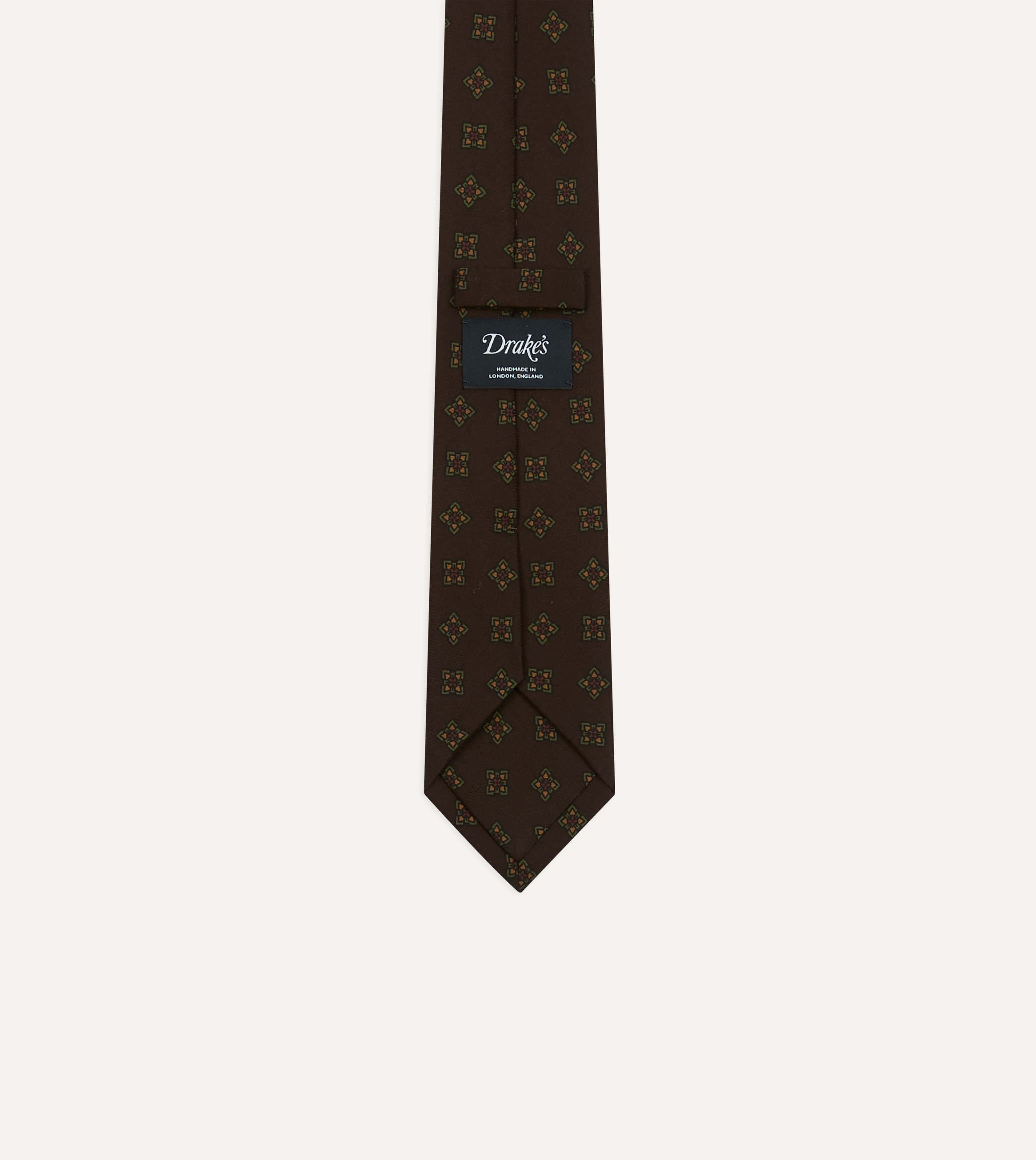 Brown Flower Medallion Print Wool-Silk Self Tipped Tie - Image 4