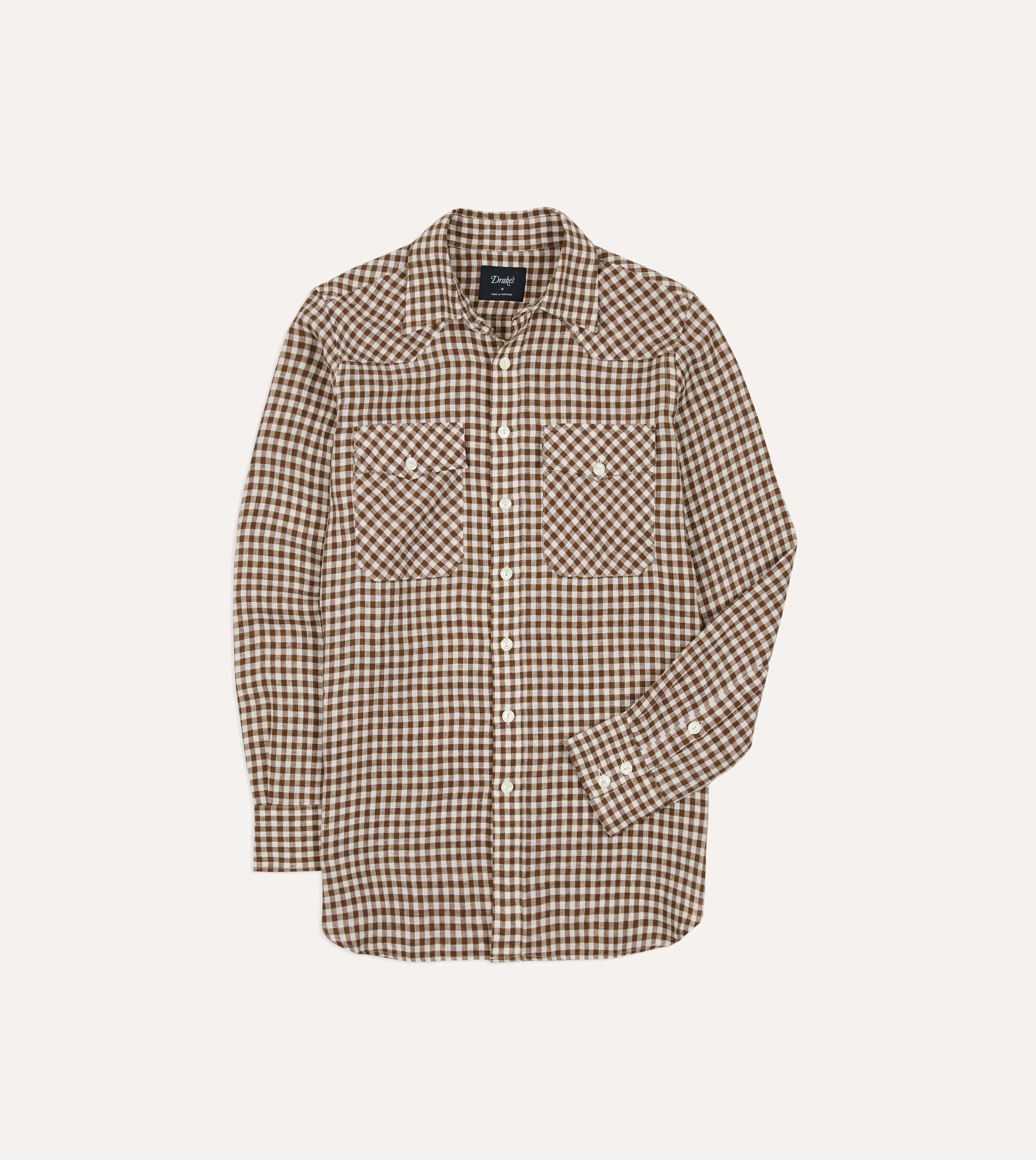 Brown Gingham Check Linen Two-Pocket Western Shirt - Image 3