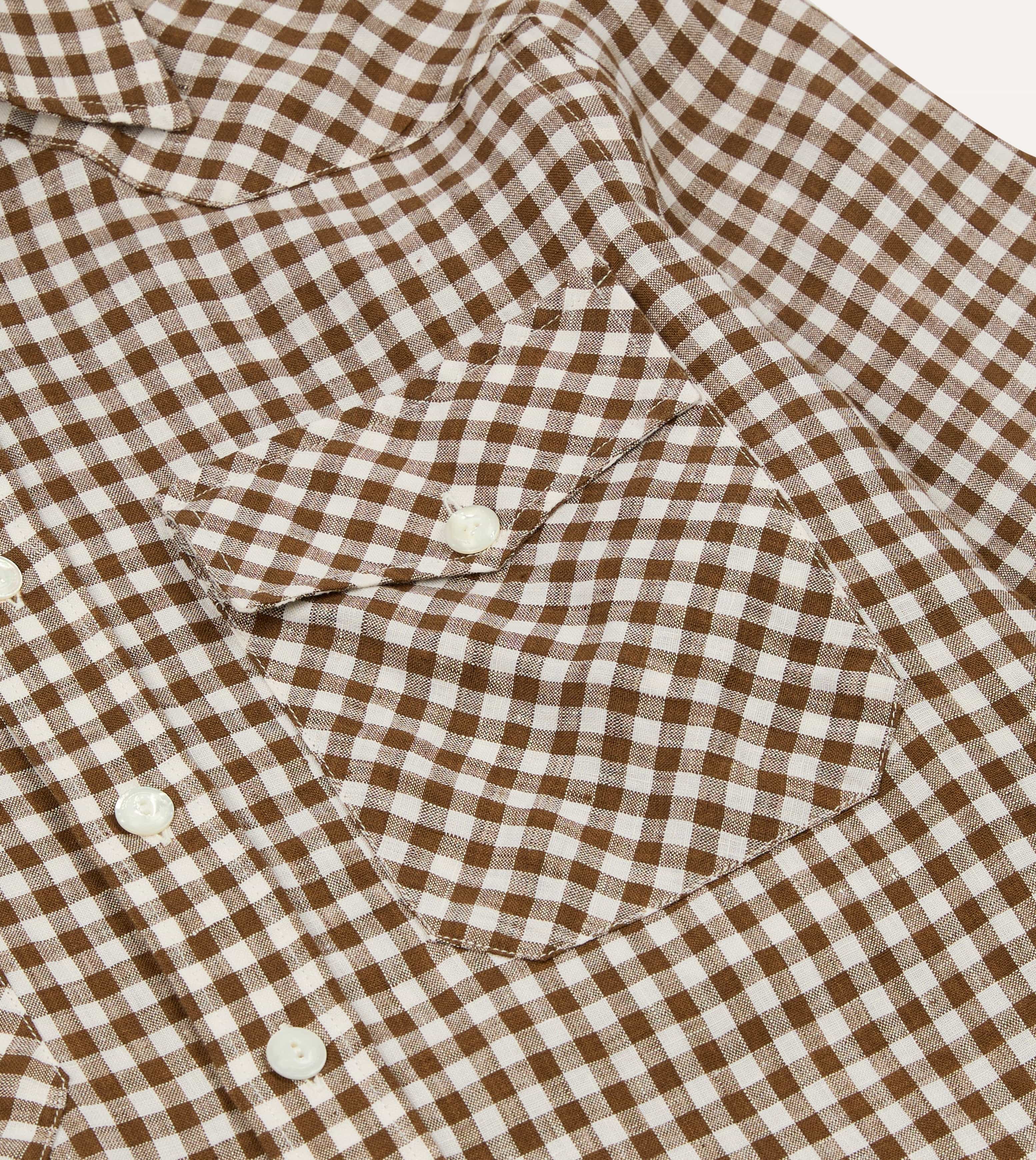 Brown Gingham Check Linen Two-Pocket Western Shirt - Image 6