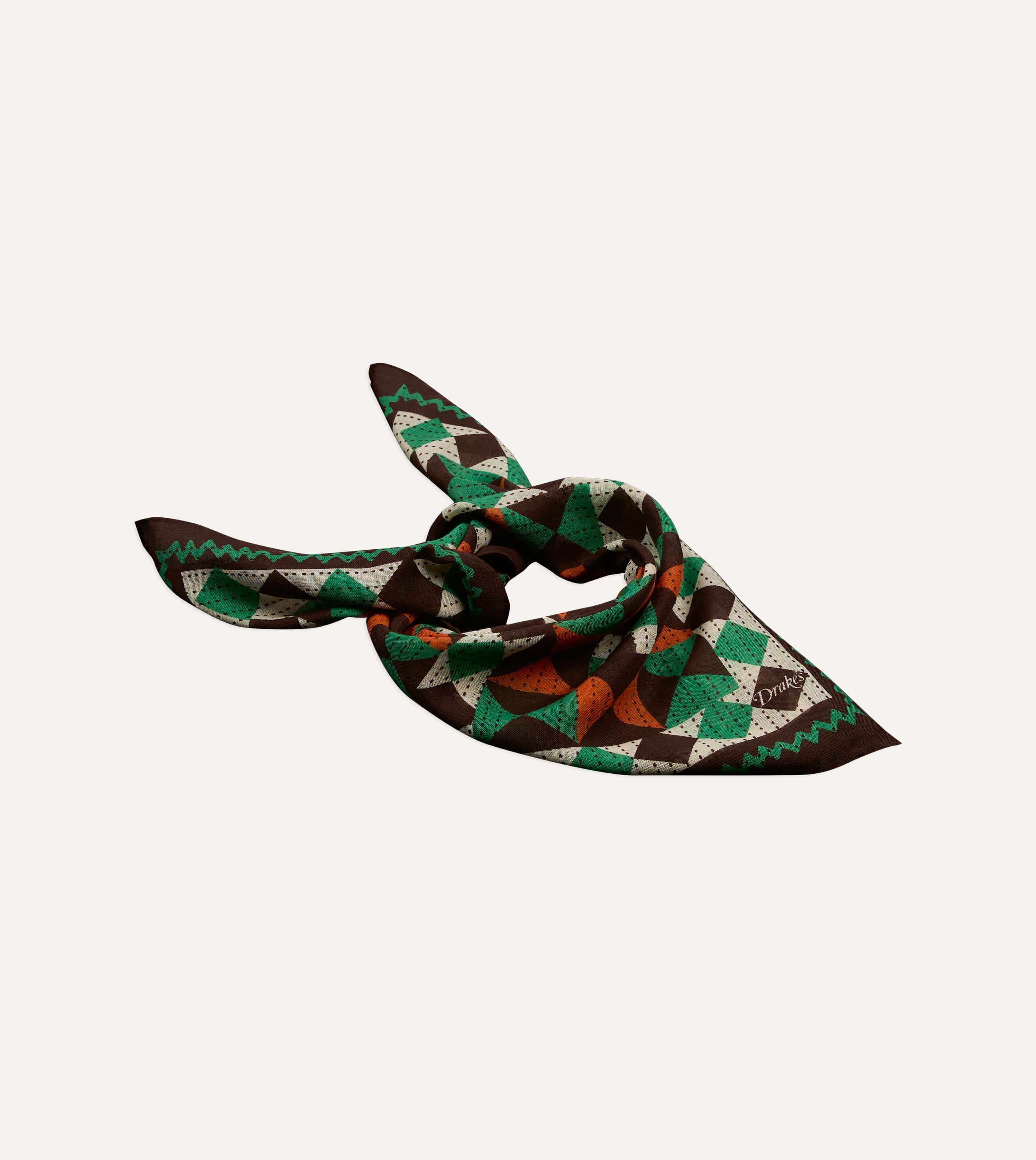 Brown Patchwork Print Wool-Silk Bandana - Image 4