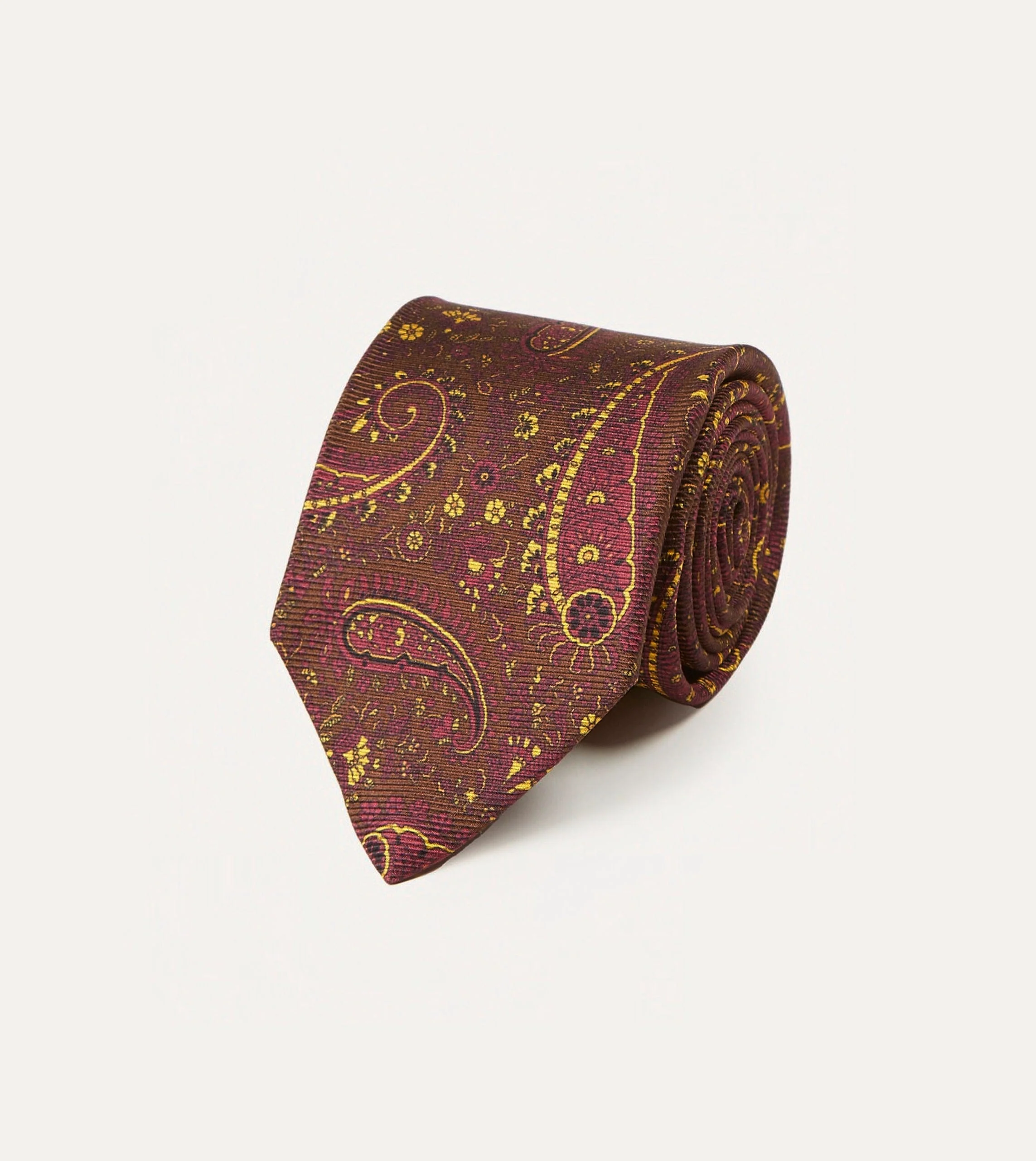 Brown, Red and Yellow Paisley Print Madder Twill Silk Tie - Image 2