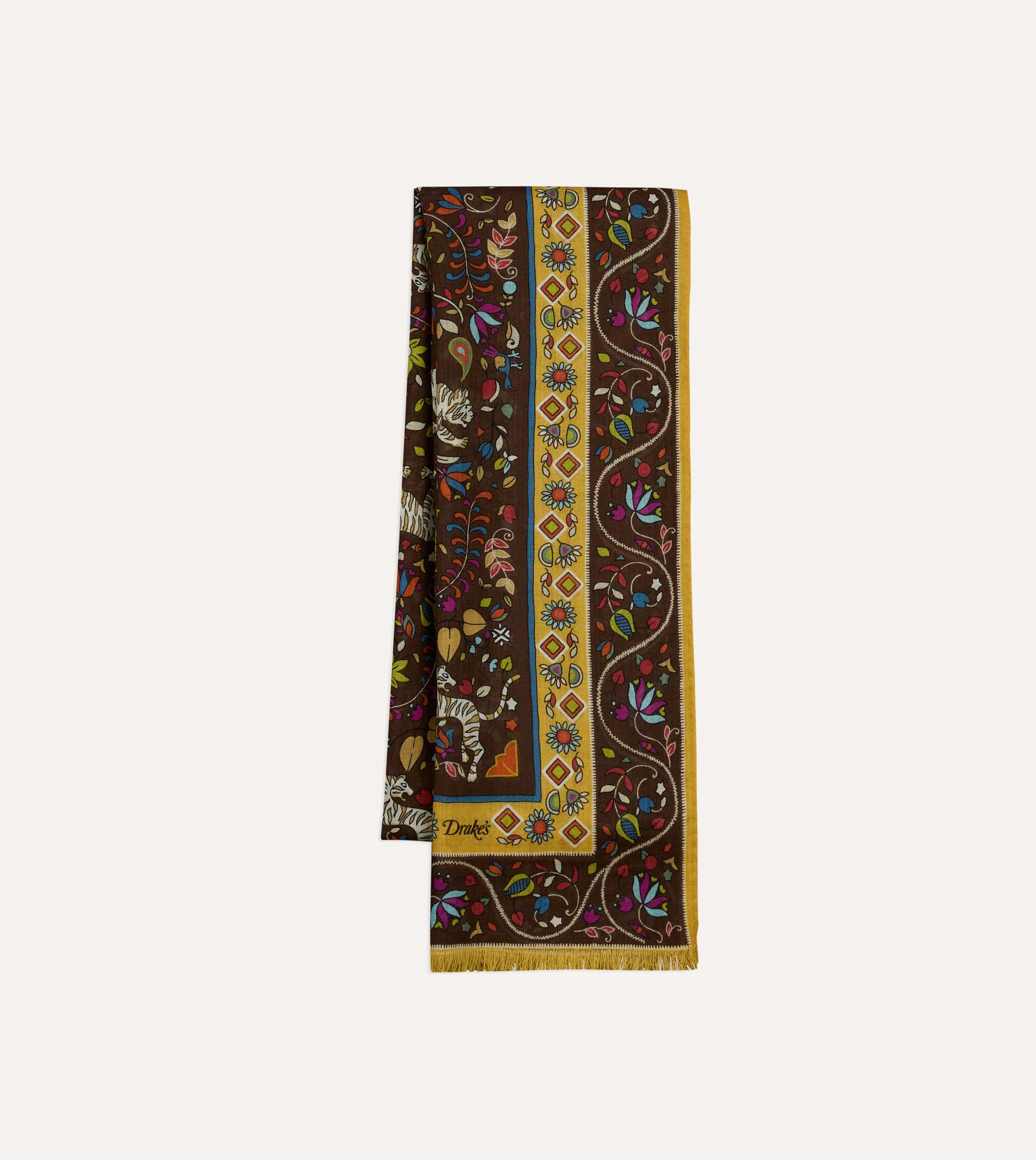 Brown Tiger Garden Print Wool Silk Scarf