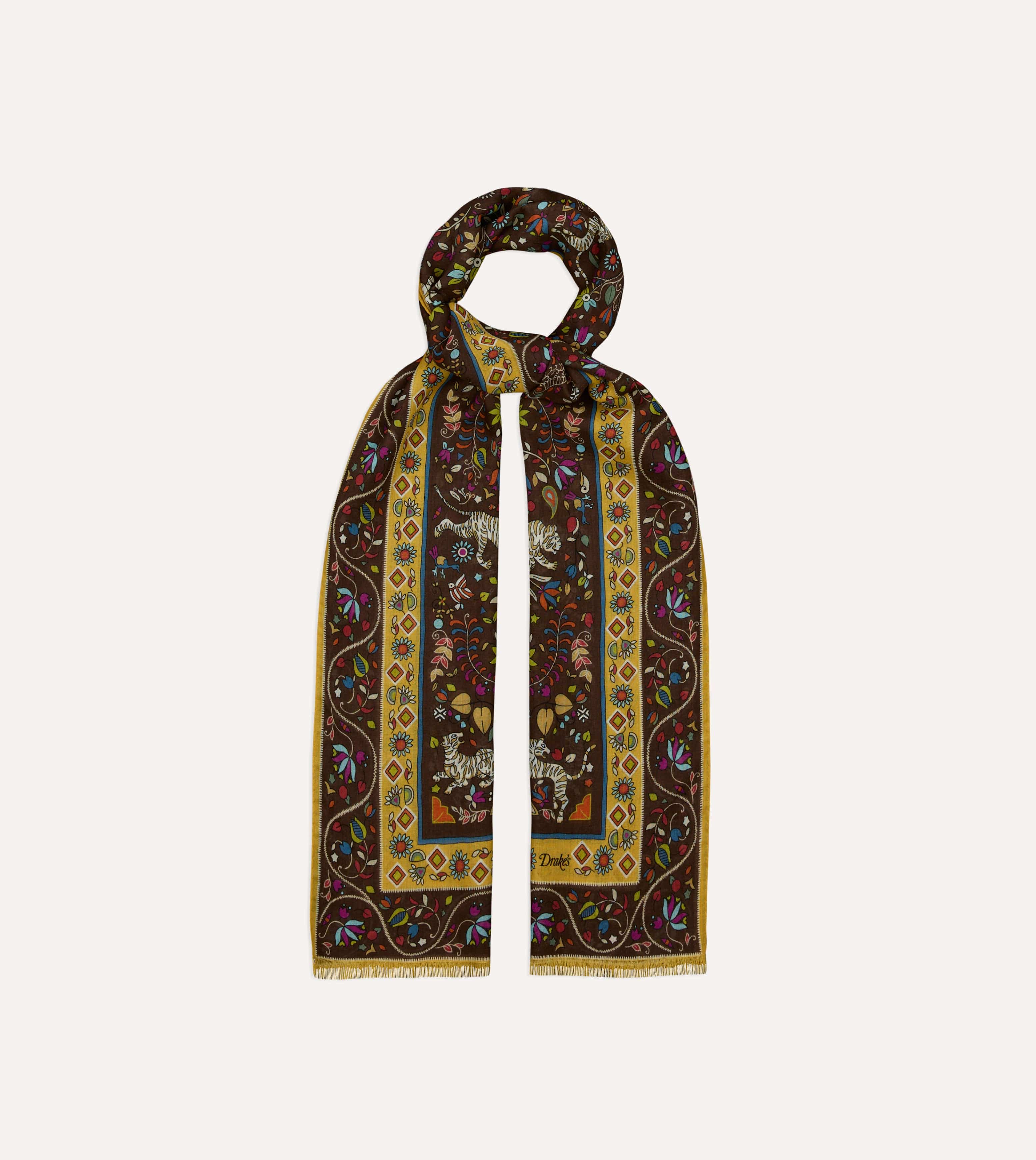 Brown Tiger Garden Print Wool Silk Scarf - Image 4