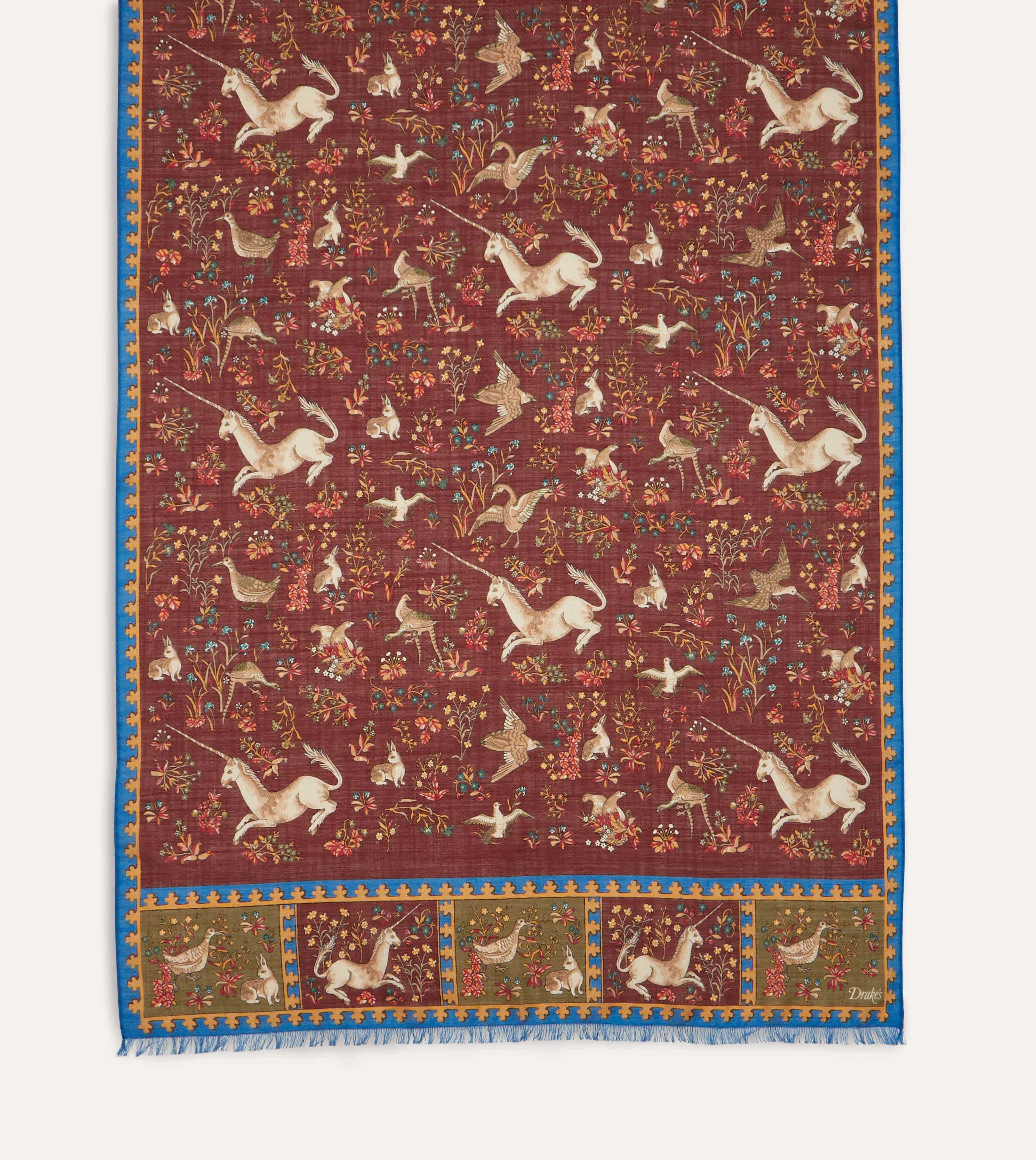 Burgundy Unicorn Print Wool-Silk Scarf - Image 3