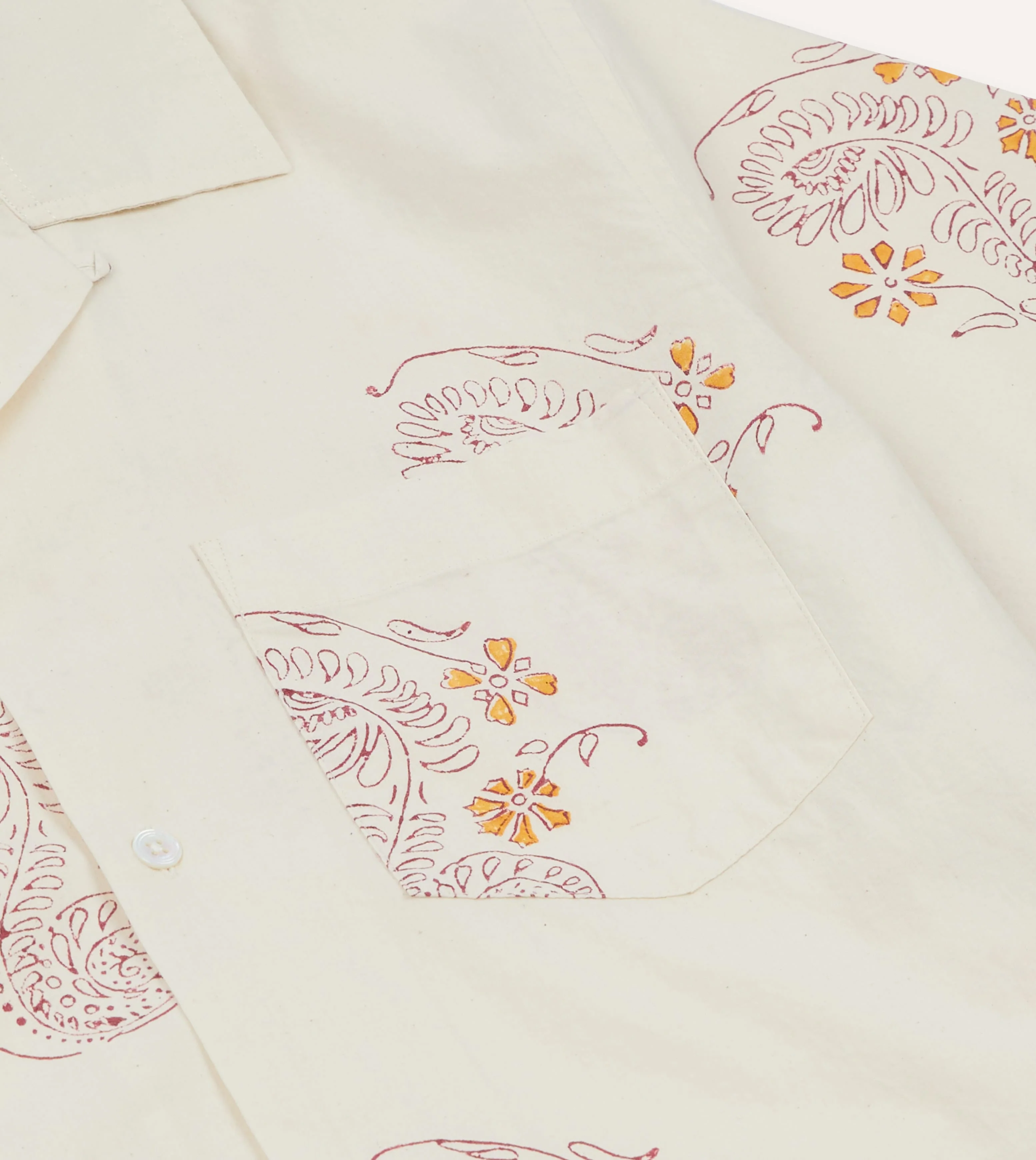 Ecru Floral Block Print Cotton Camp Collar Short Sleeve Shirt - Image 5