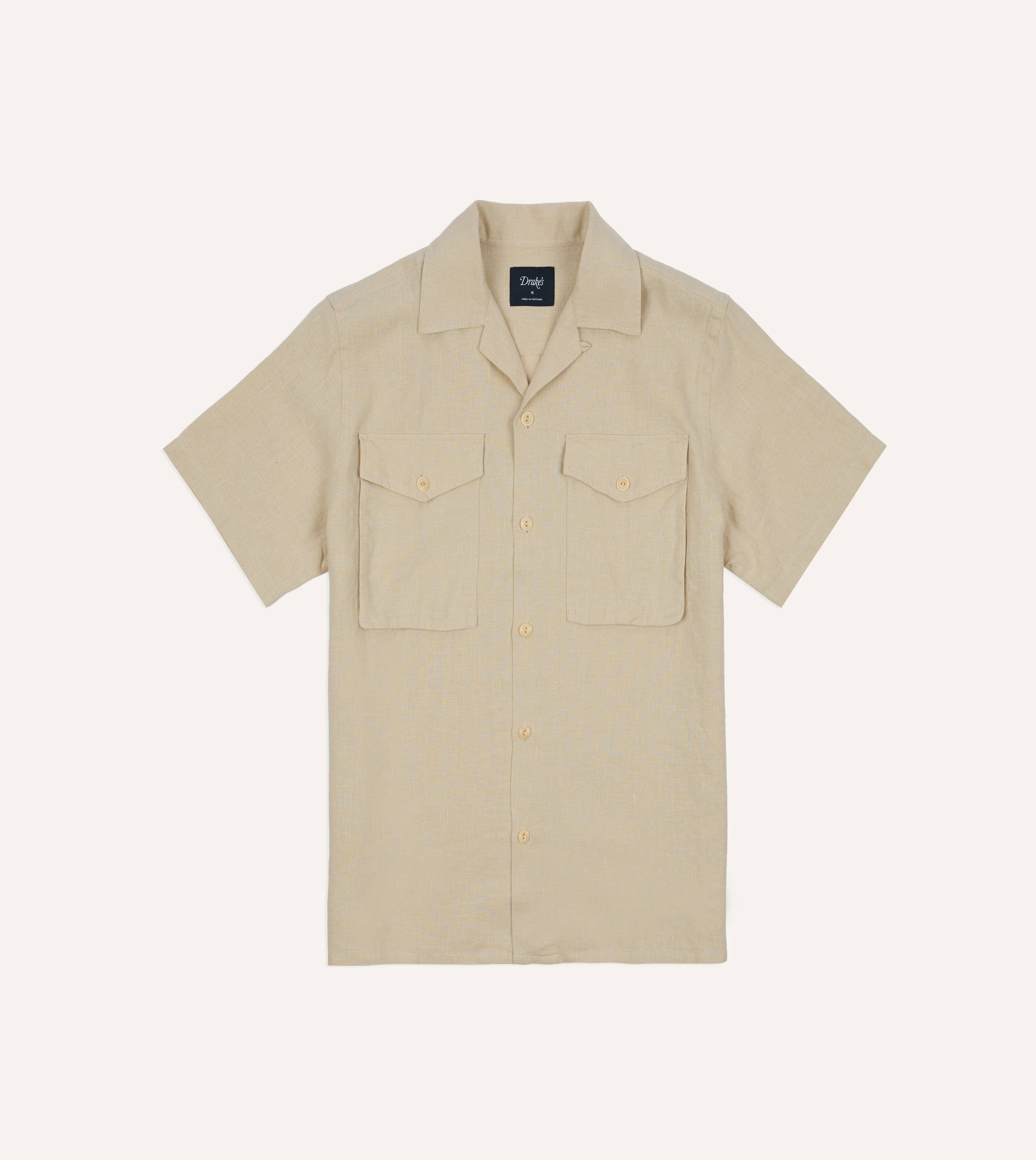 Ecru Linen Short Sleeve Camp Collar Military Shirt - Image 3