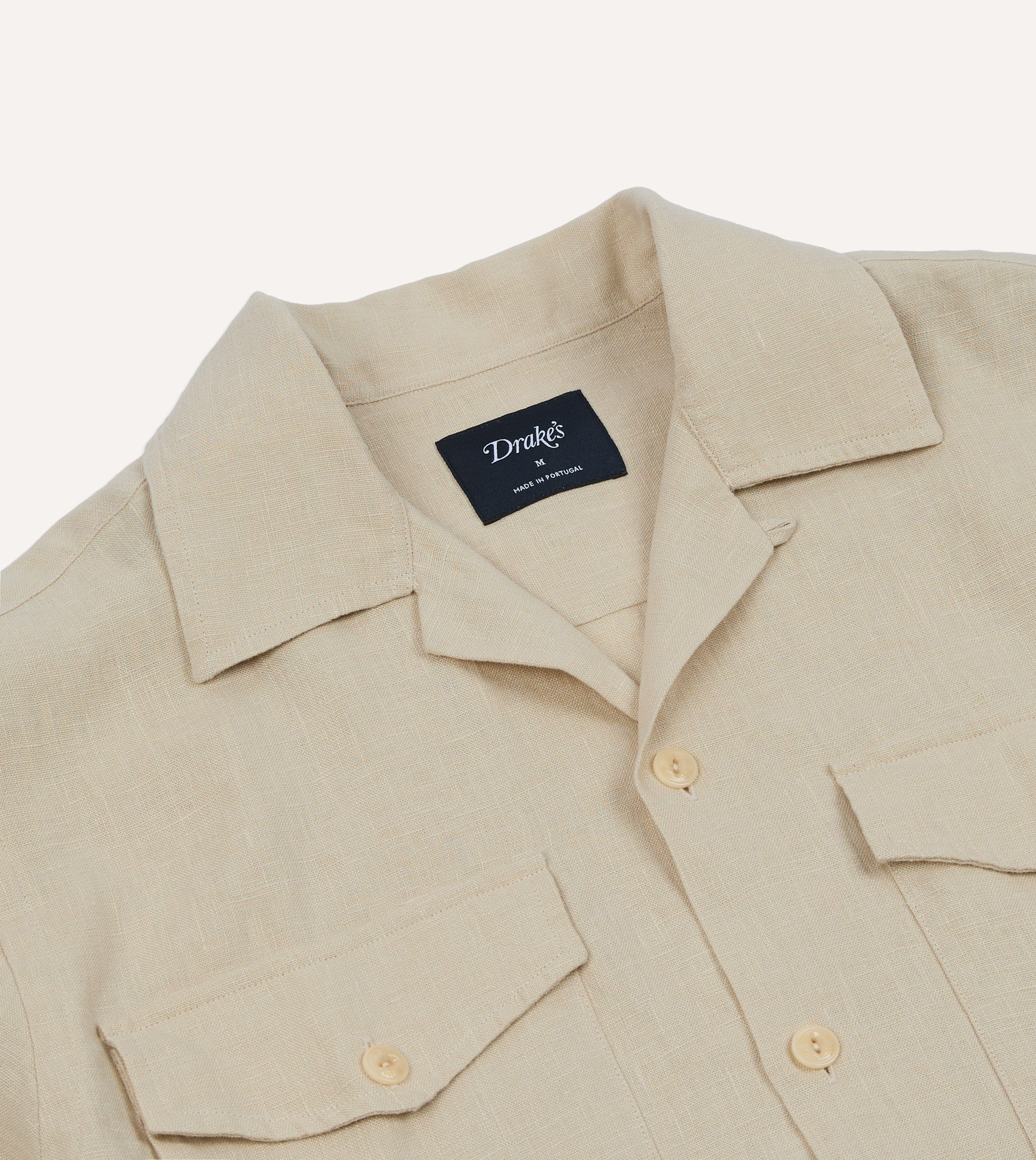 Ecru Linen Short Sleeve Camp Collar Military Shirt - Image 5