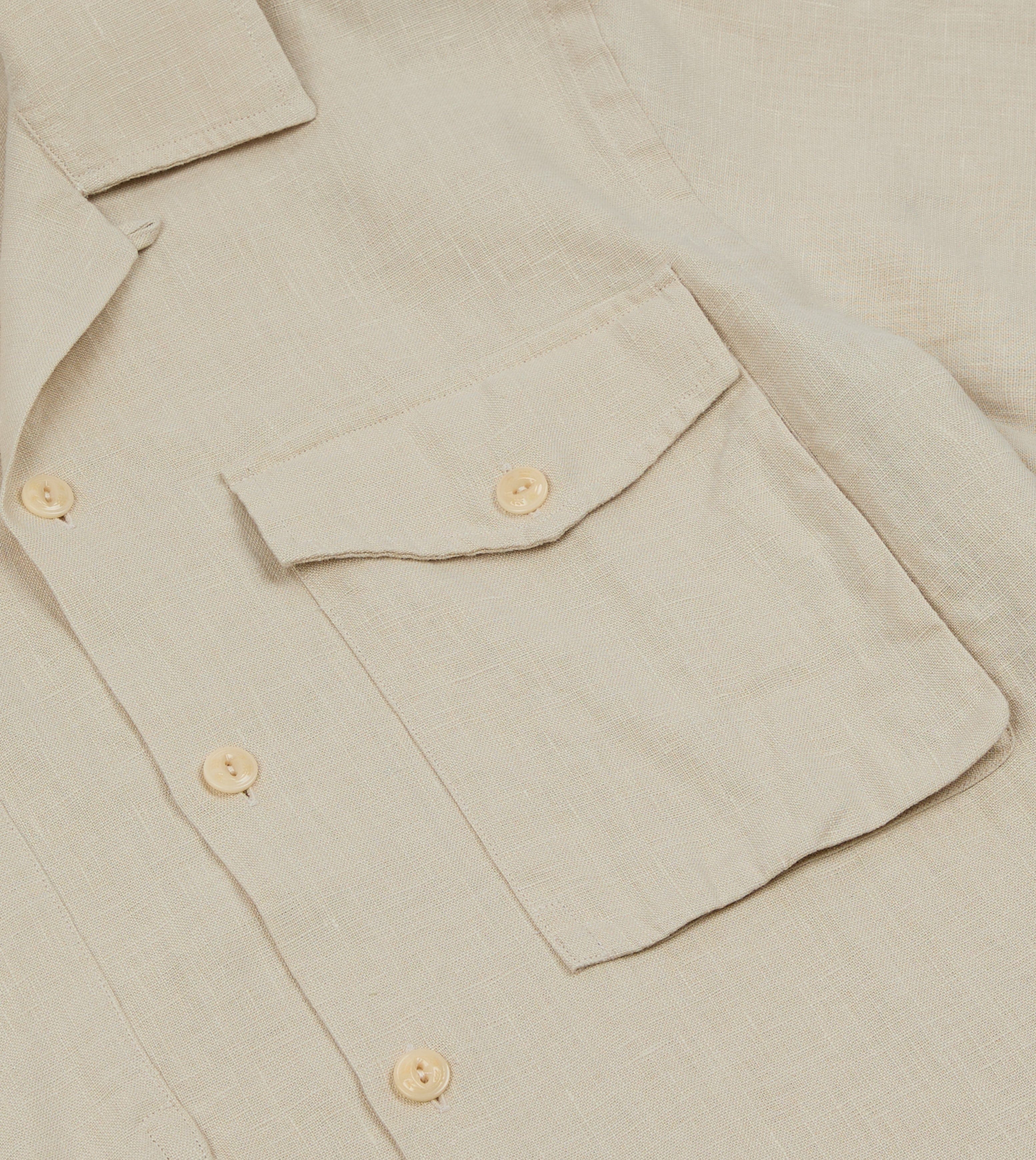 Ecru Linen Short Sleeve Camp Collar Military Shirt - Image 6