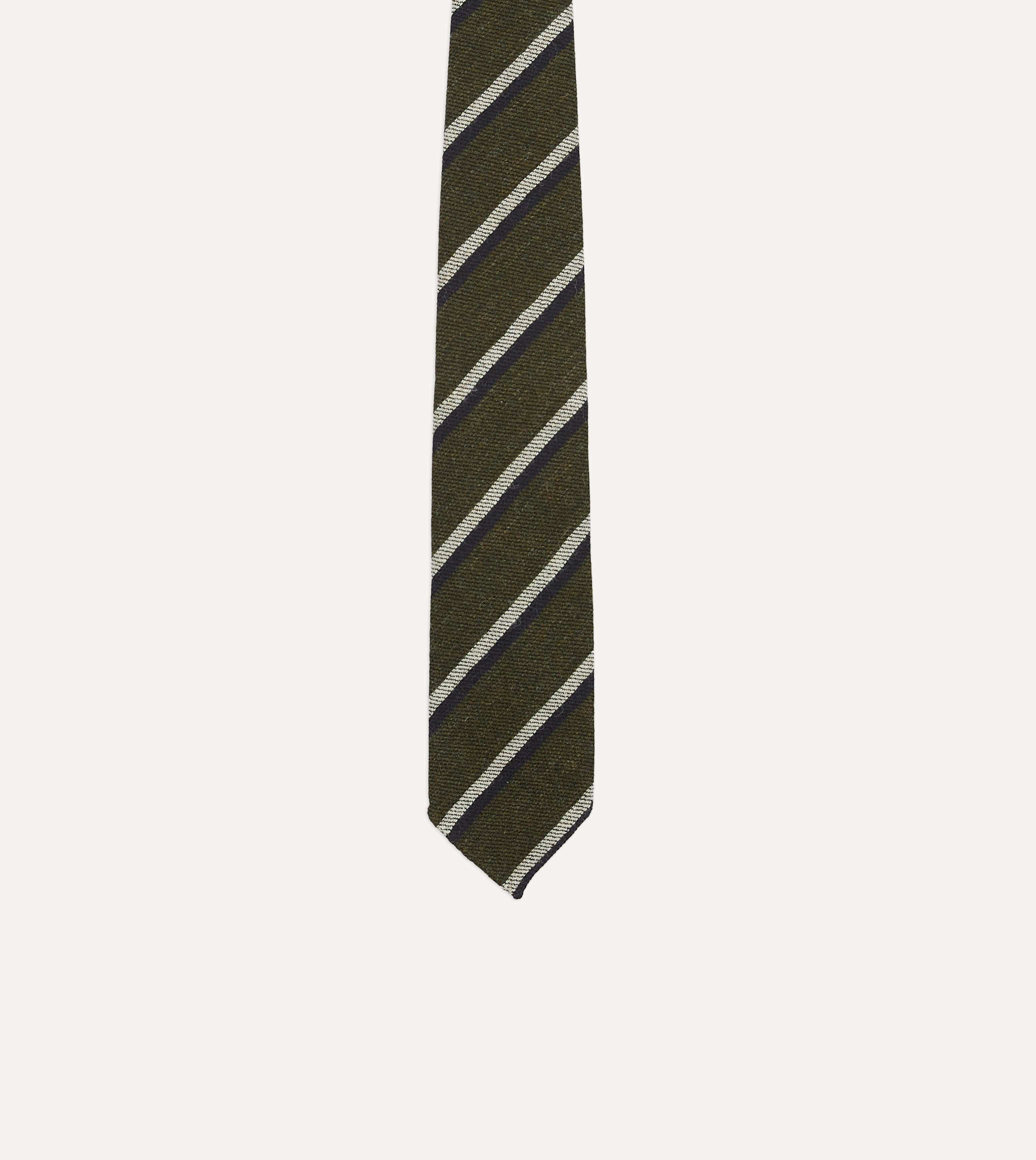 Green and Navy Sandwich Stripe Hand Rolled Shetland Wool Tie - Image 4