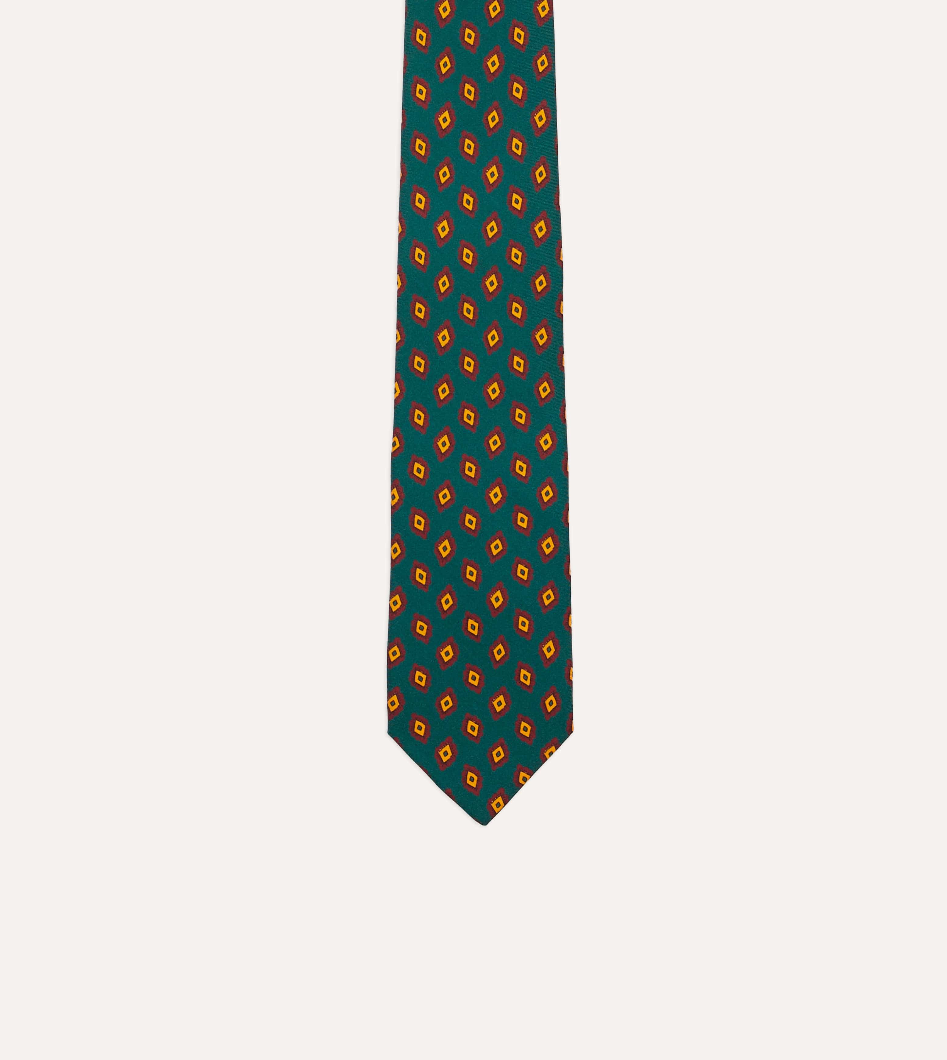 Green and Yellow Diamond Tile Print Silk Self-Tipped Tie - Image 3