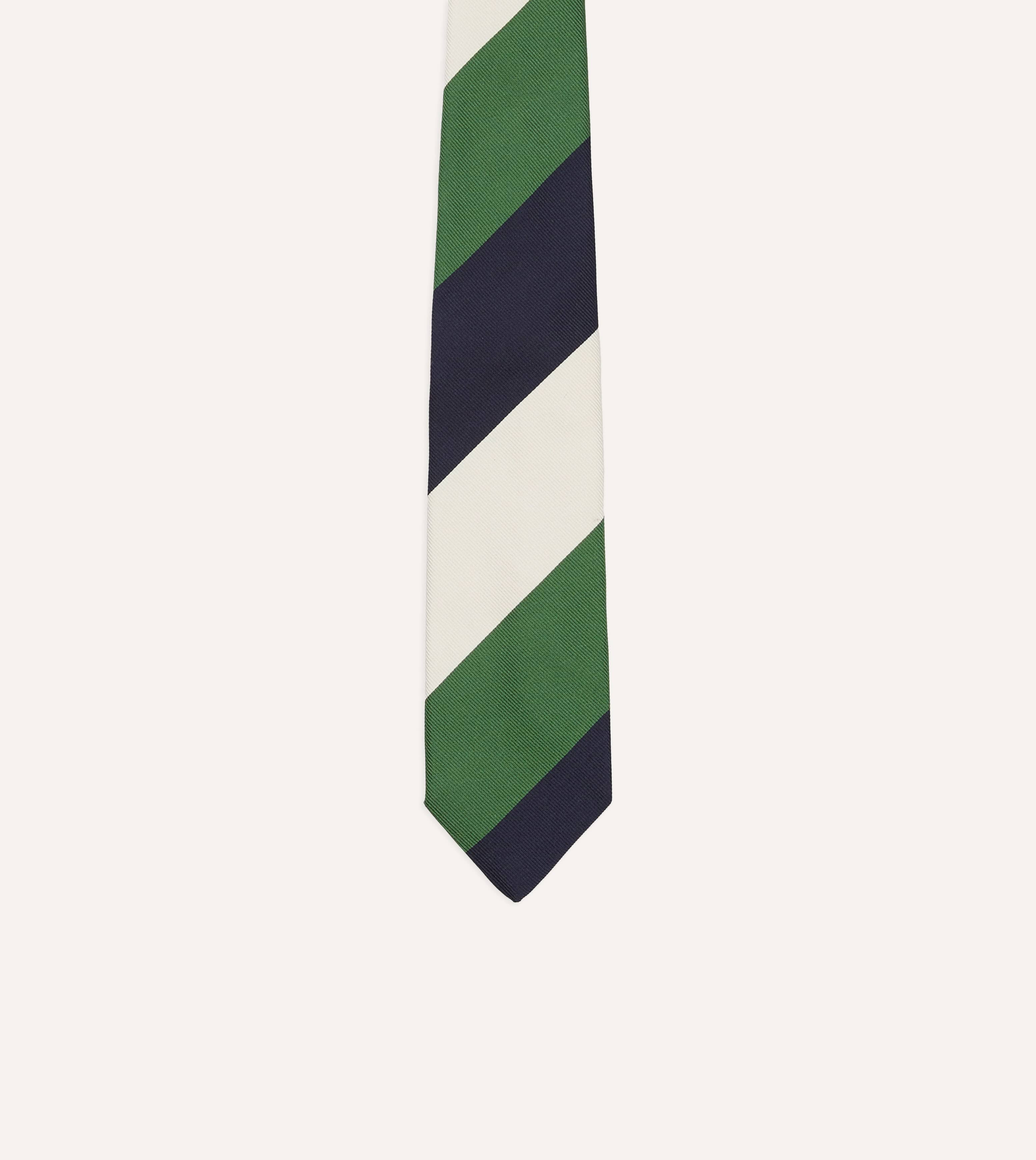 Green, Ecru and Navy Block Stripe Repp Silk Tipped Tie - Image 3
