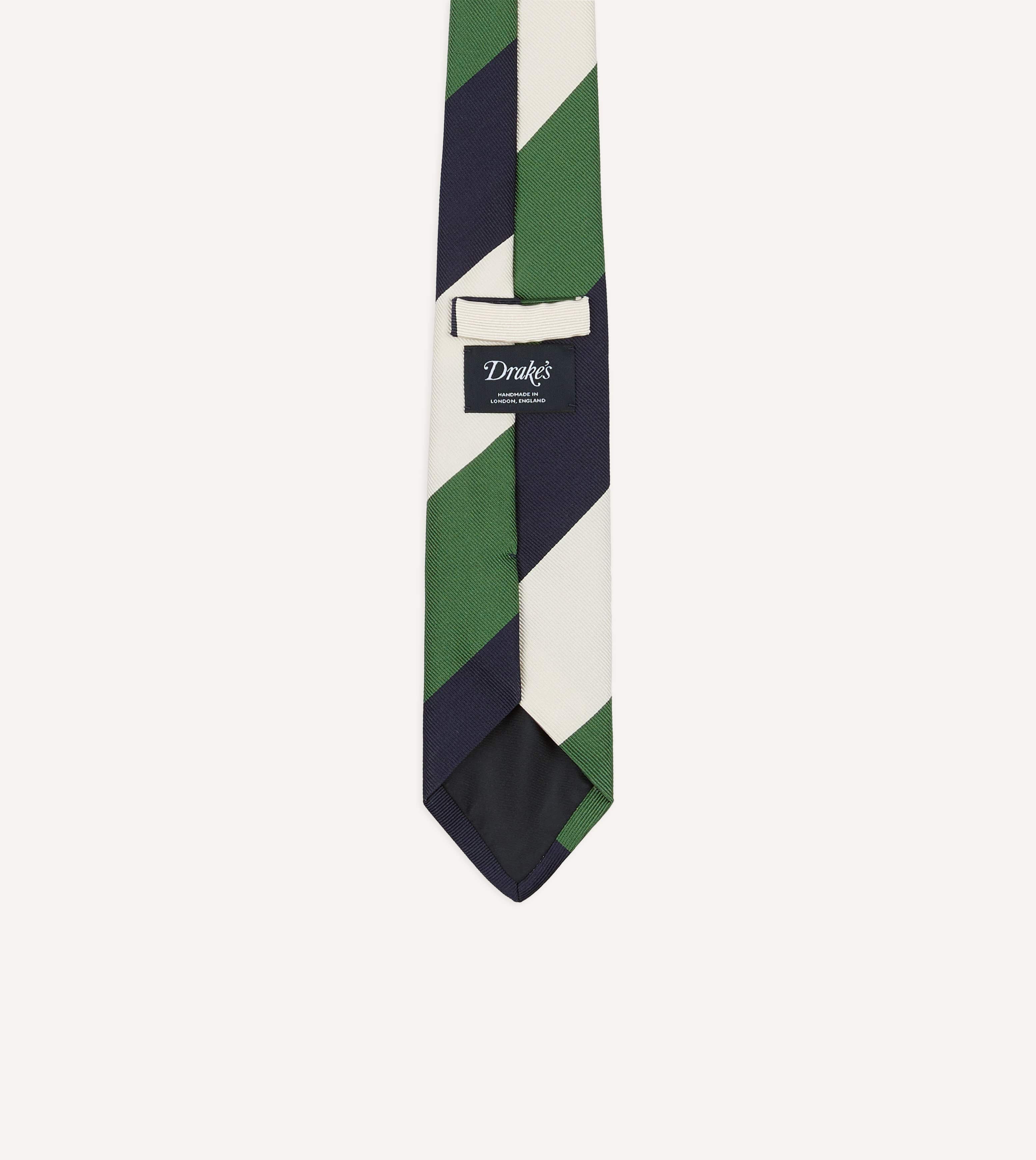 Green, Ecru and Navy Block Stripe Repp Silk Tipped Tie - Image 4