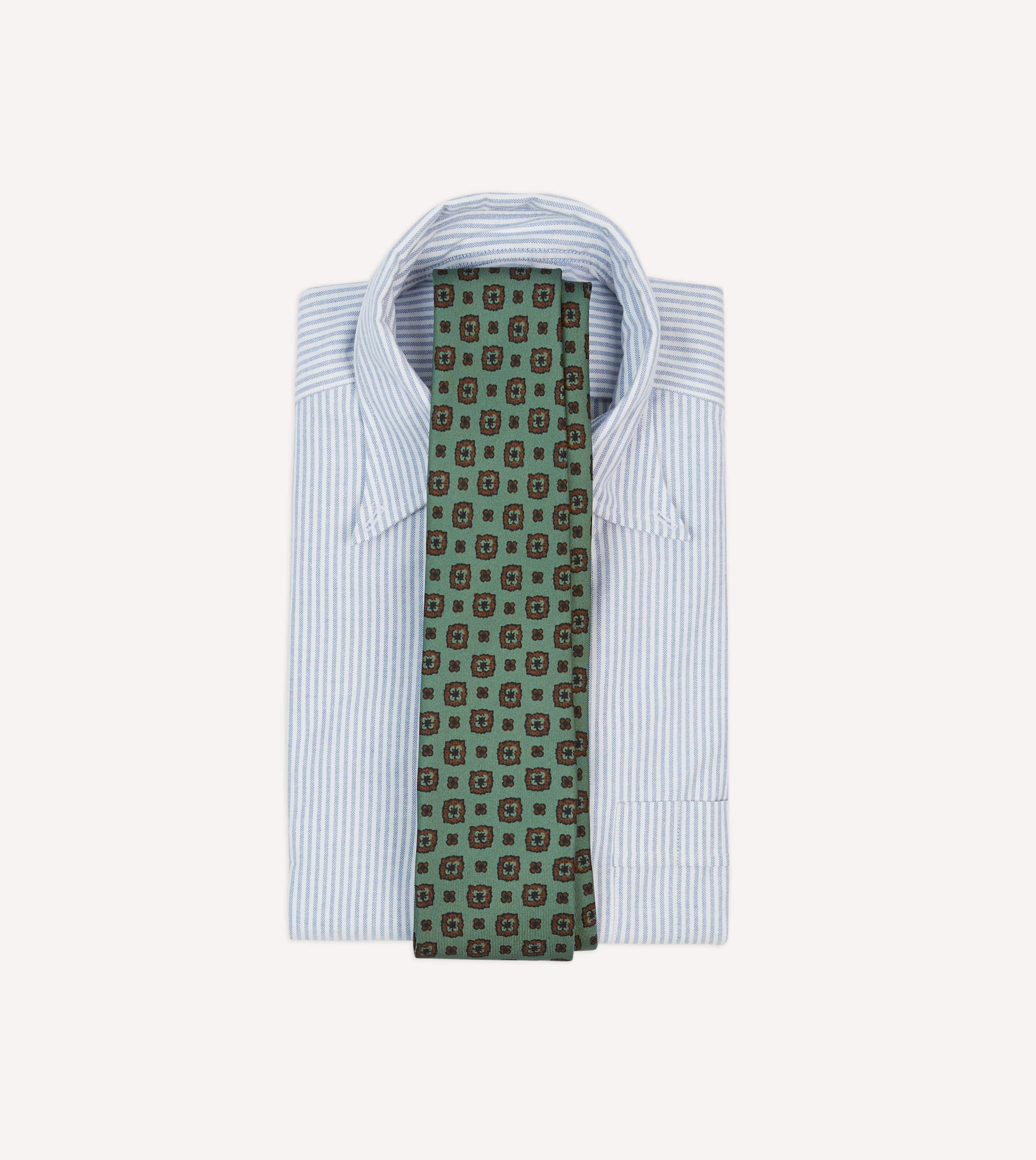 Green Flower Medallion Print Silk Self Tipped Tie - Image 2
