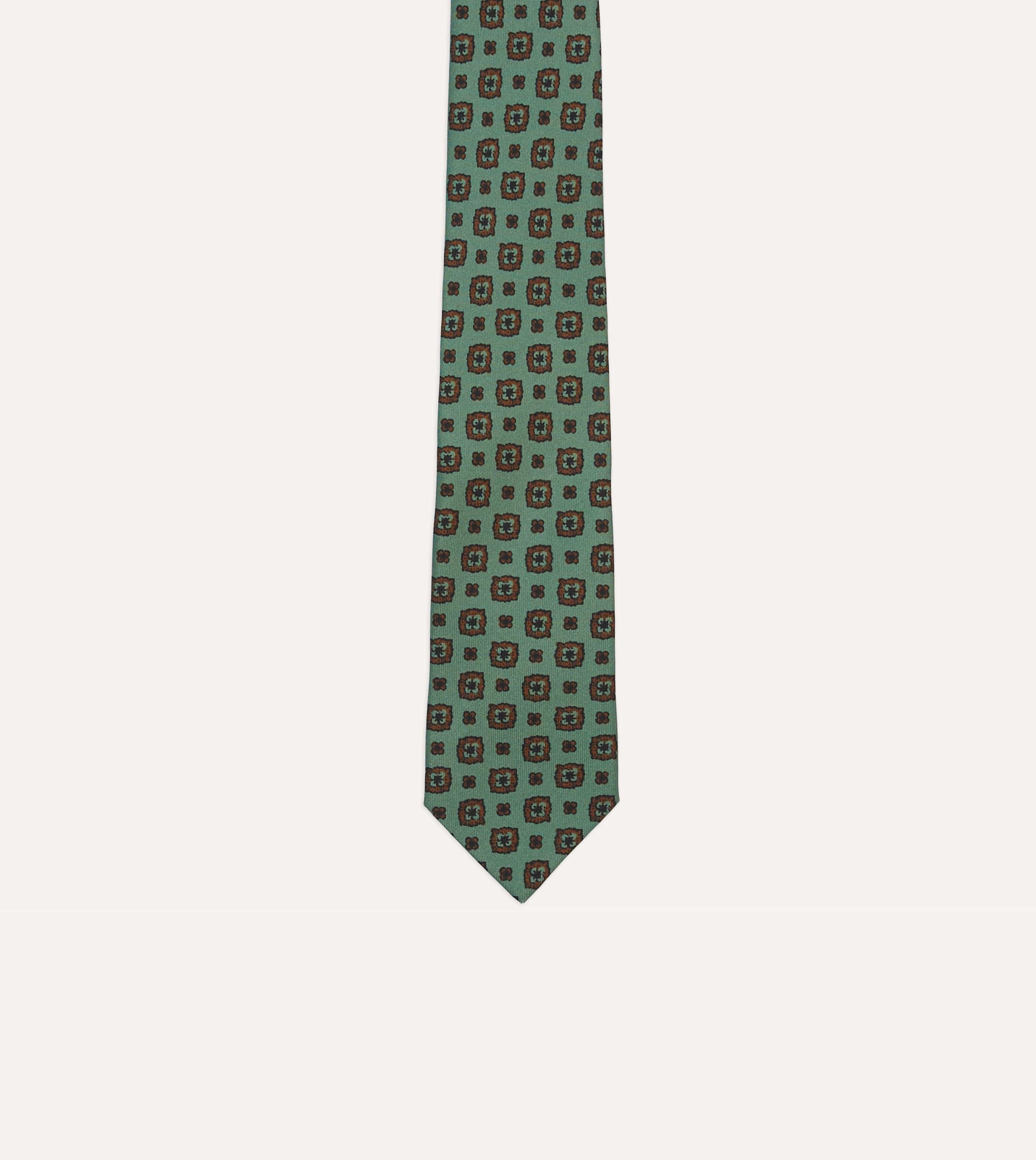 Green Flower Medallion Print Silk Self Tipped Tie - Image 3