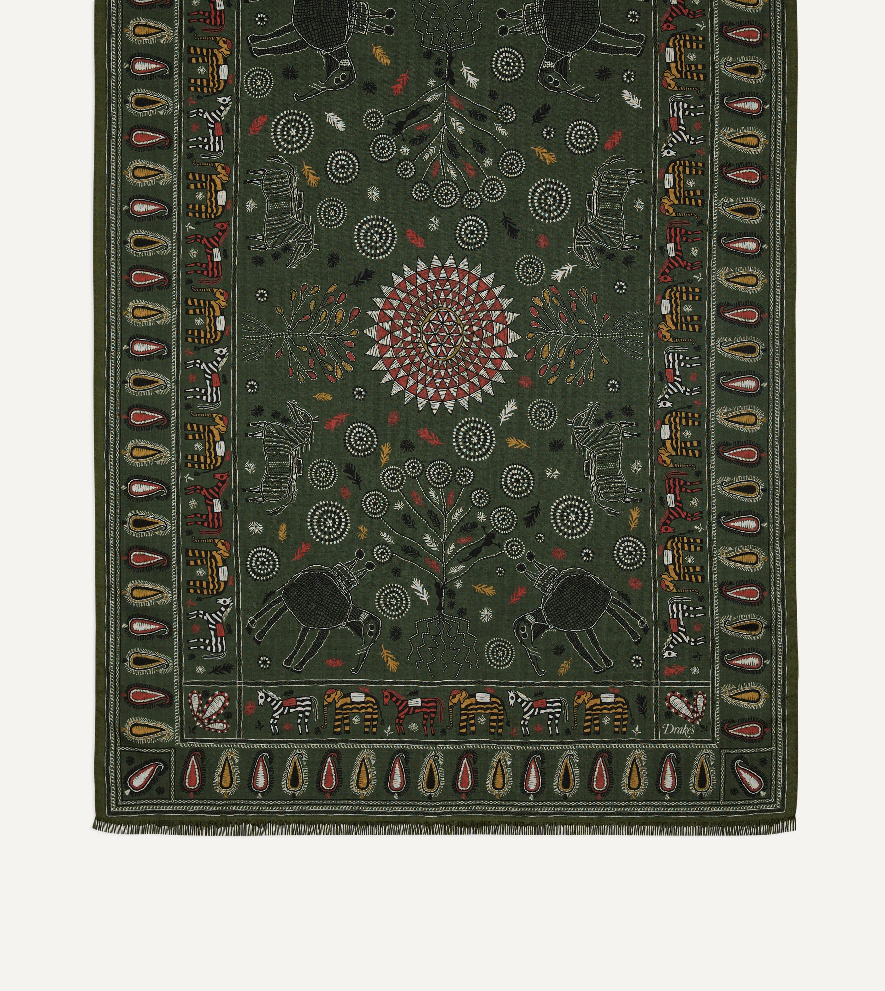 Green Rustic Elephant Print Wool-Silk Scarf - Image 3