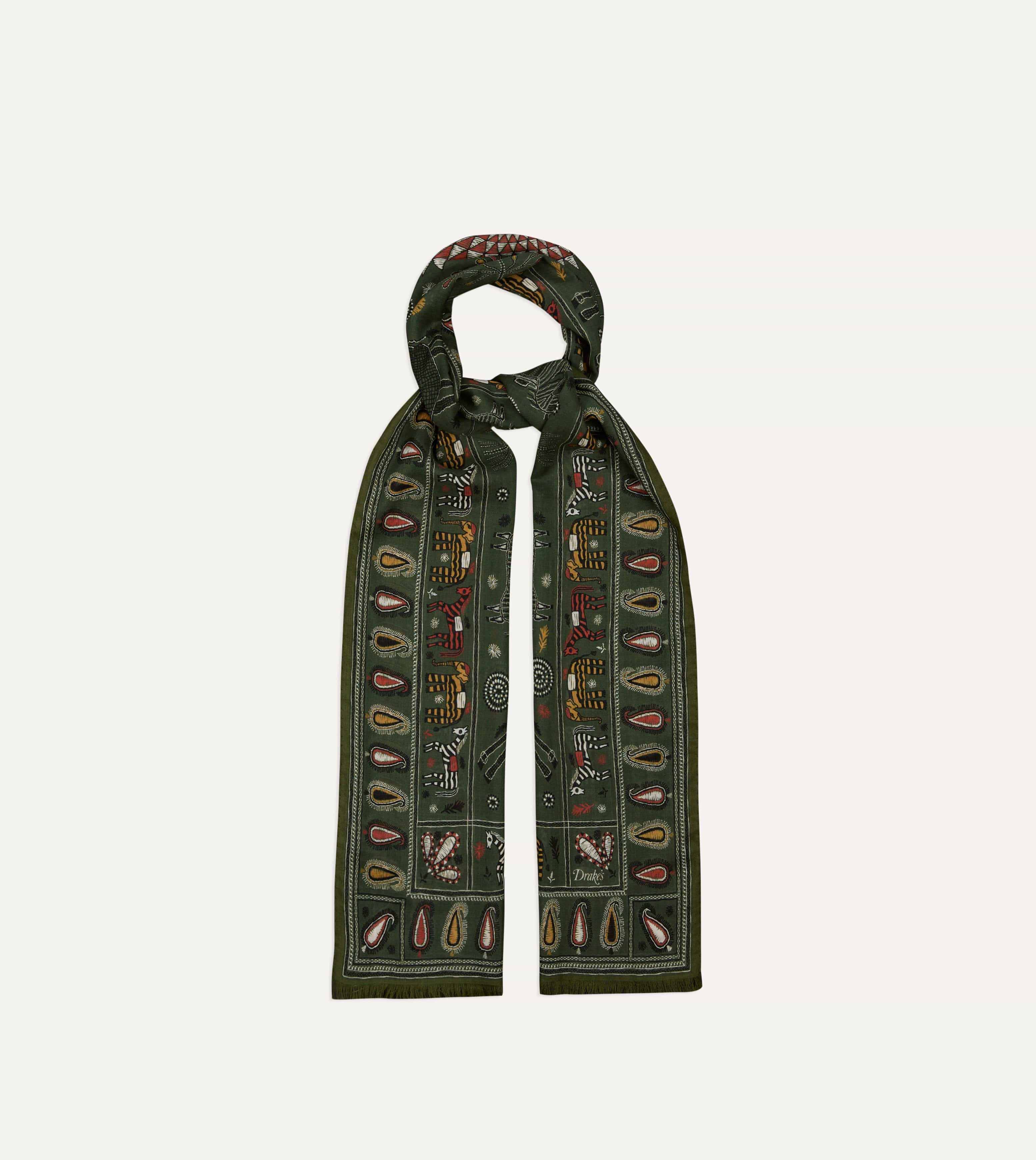 Green Rustic Elephant Print Wool-Silk Scarf - Image 4