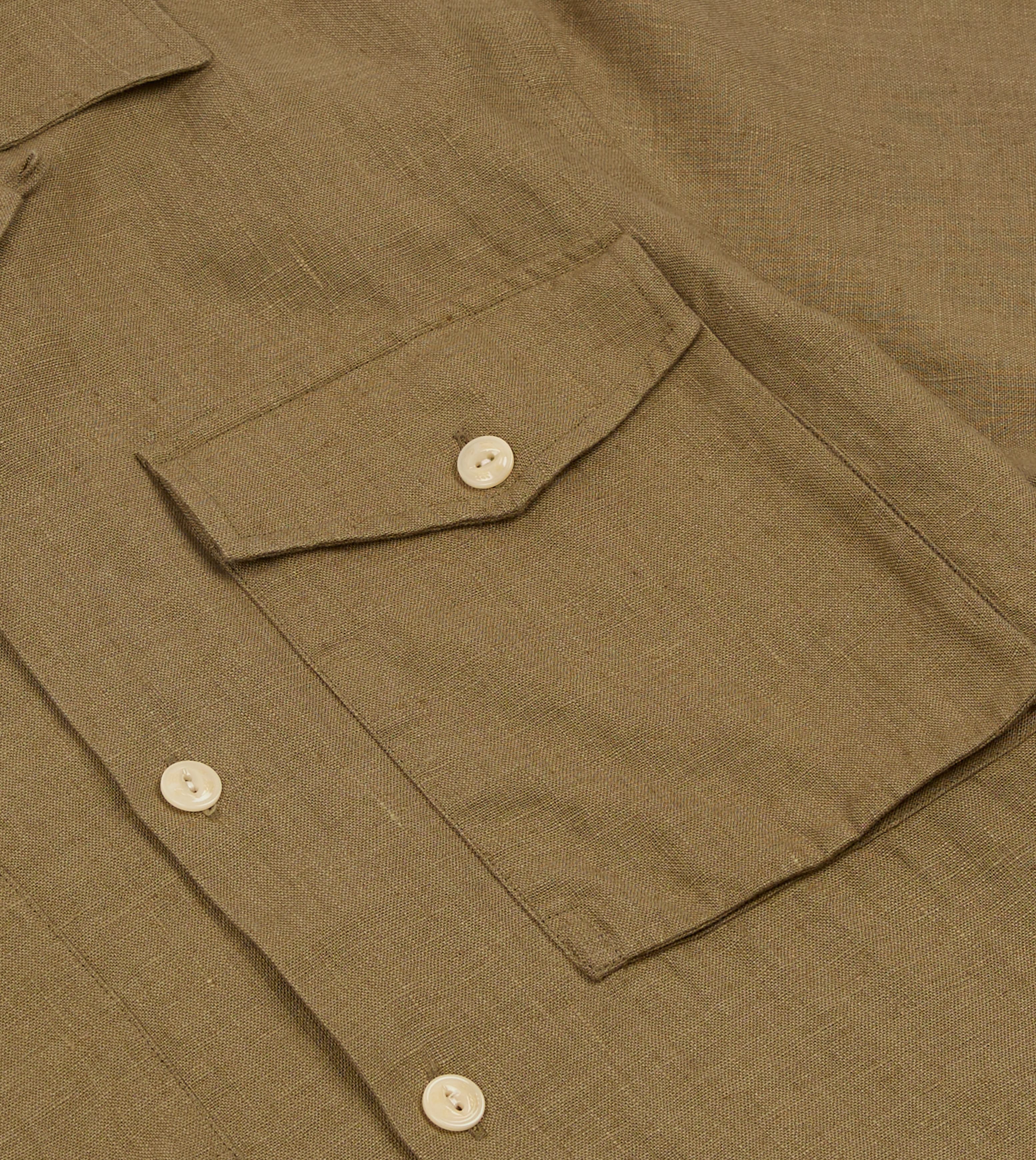 Khaki Linen Short Sleeve Camp Collar Military Shirt - Image 5
