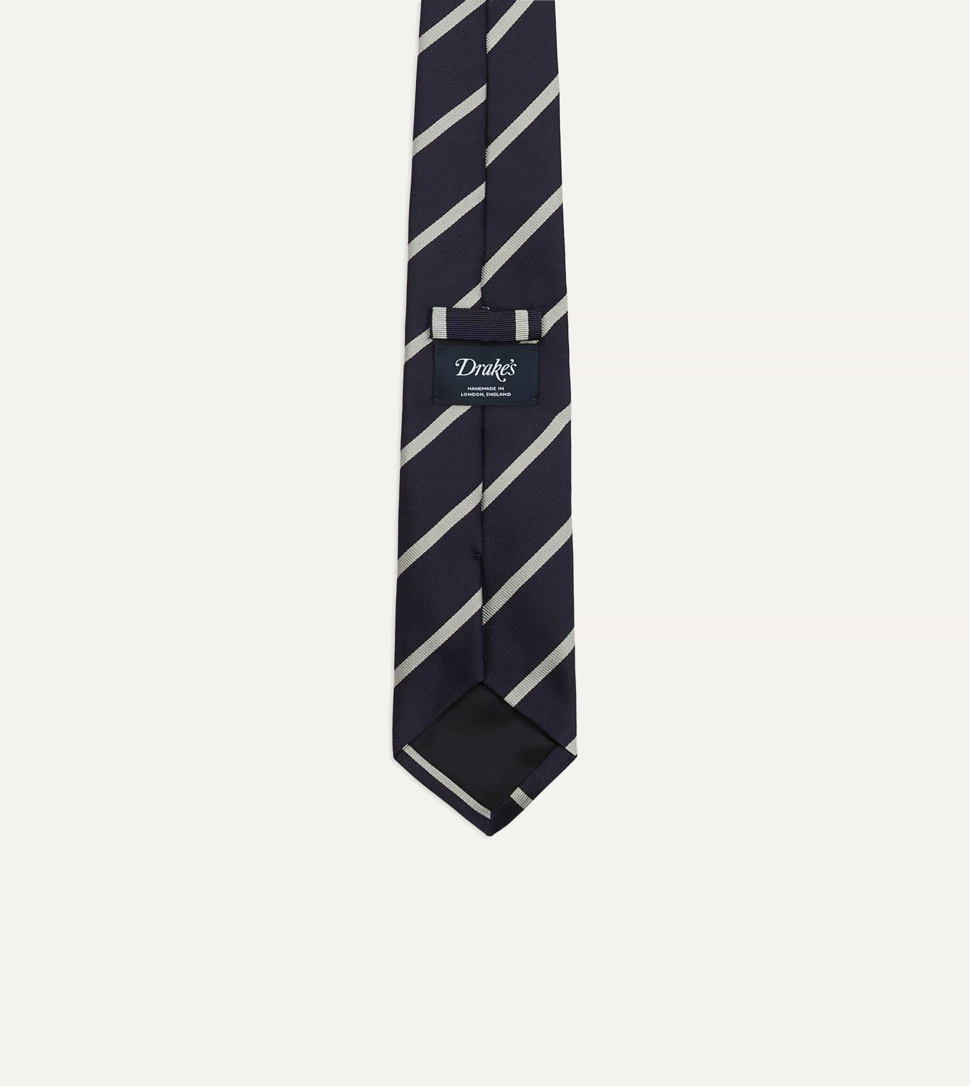 Navy and Ecru Stripe Repp Silk Tie - Image 3