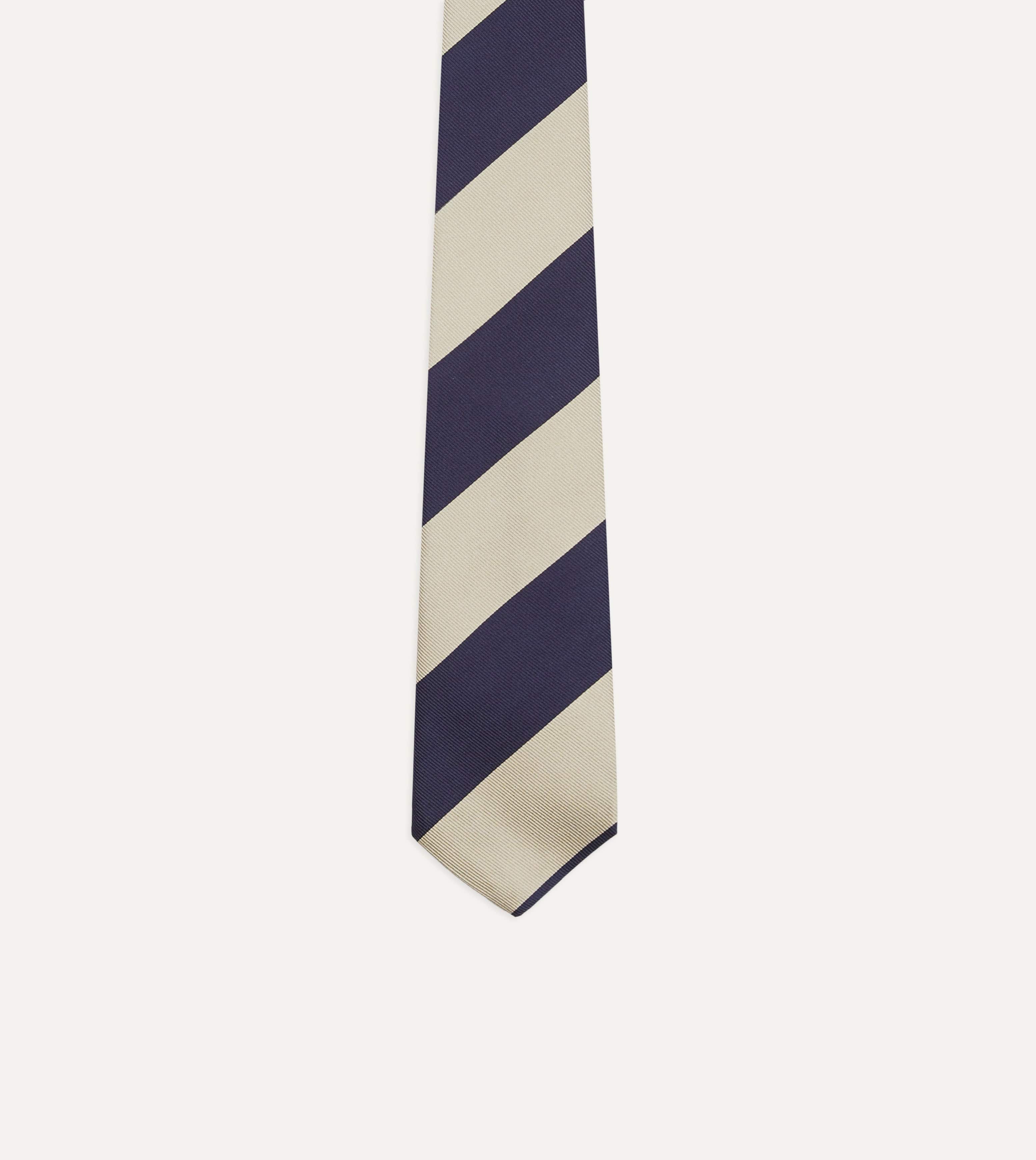 Navy and Ecru Wide Stripe Repp Silk Tipped Tie - Image 4