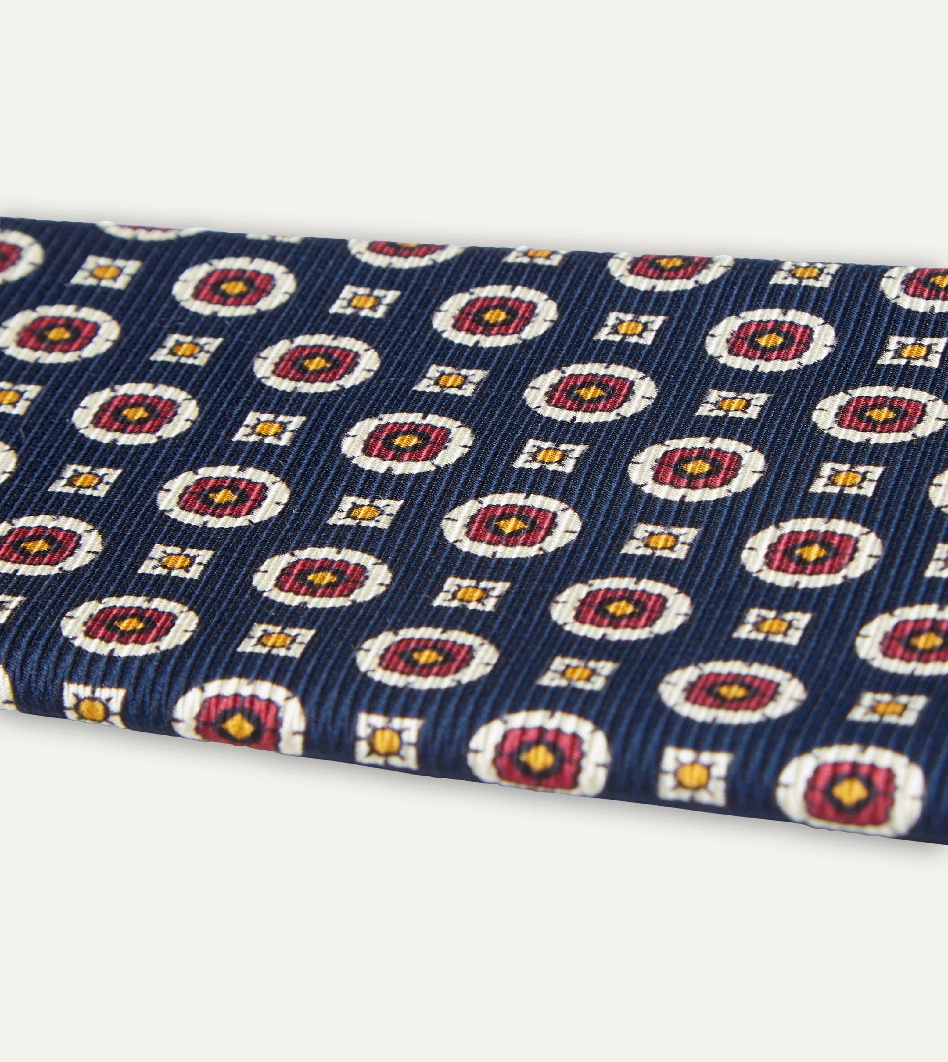 Navy and Red Geometric Medallion Print Silk Foulard Tie - Image 2