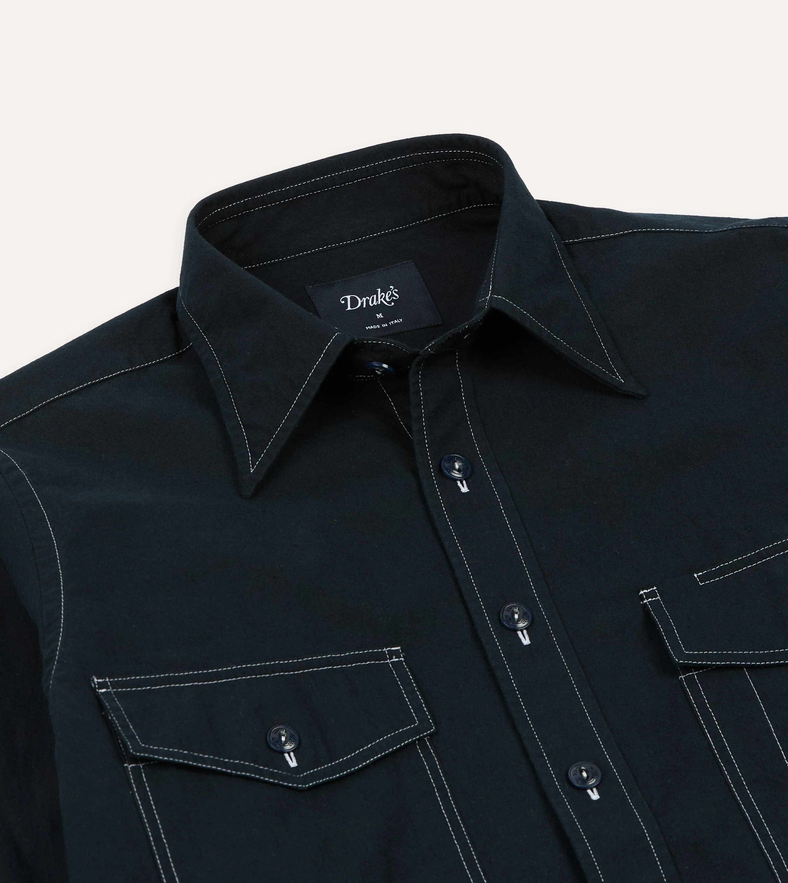 Navy Contrast Stitch Cotton-Linen Two-Pocket Work Shirt - Image 4