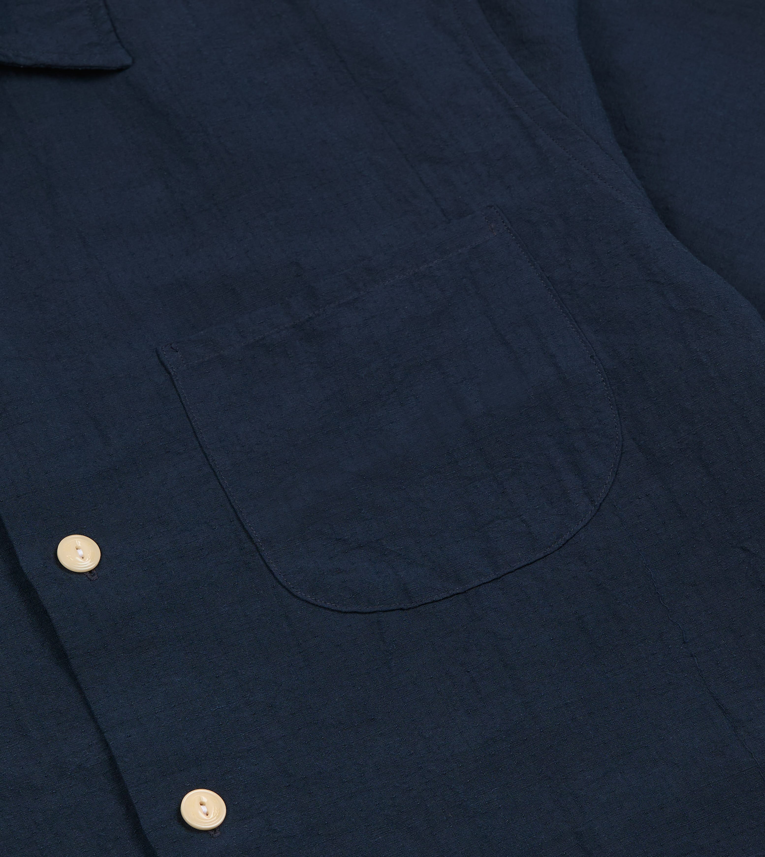 Navy Cotton-Linen Camp Collar Three Pocket Short Sleeve Shirt - Image 4