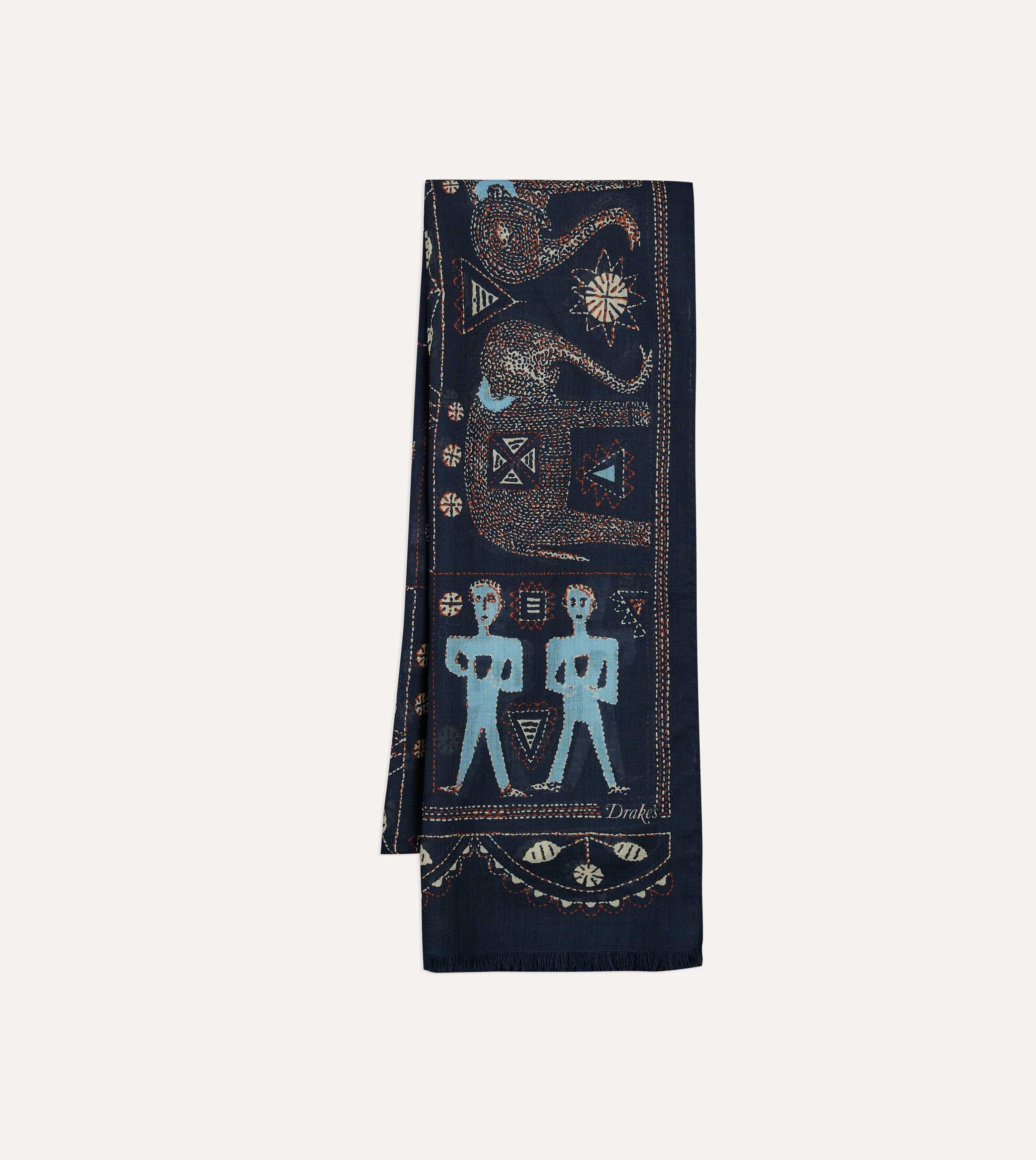 Navy Embroidered Elephant Print Wool Silk Scarf - Image 2