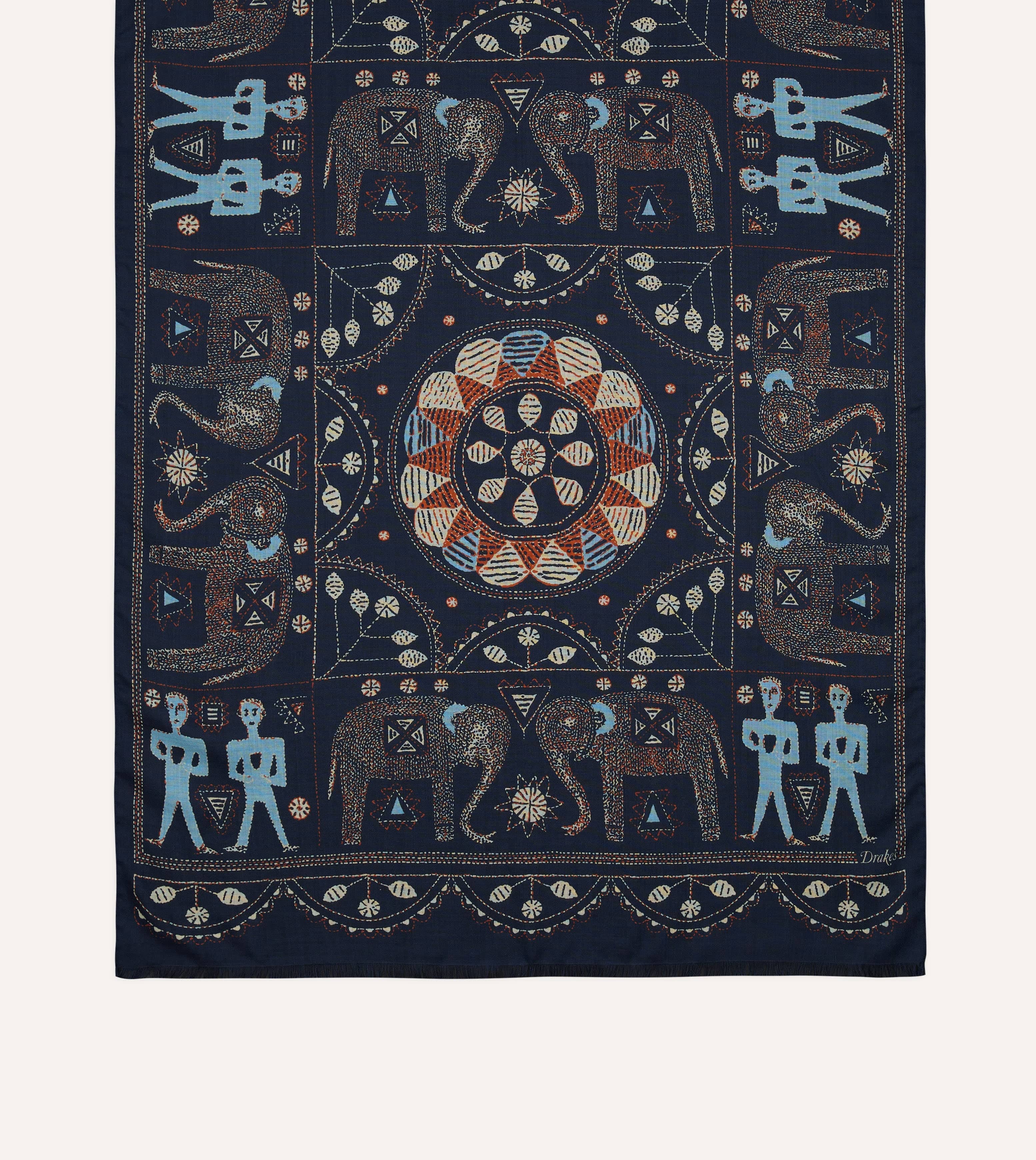 Navy Embroidered Elephant Print Wool Silk Scarf - Image 4