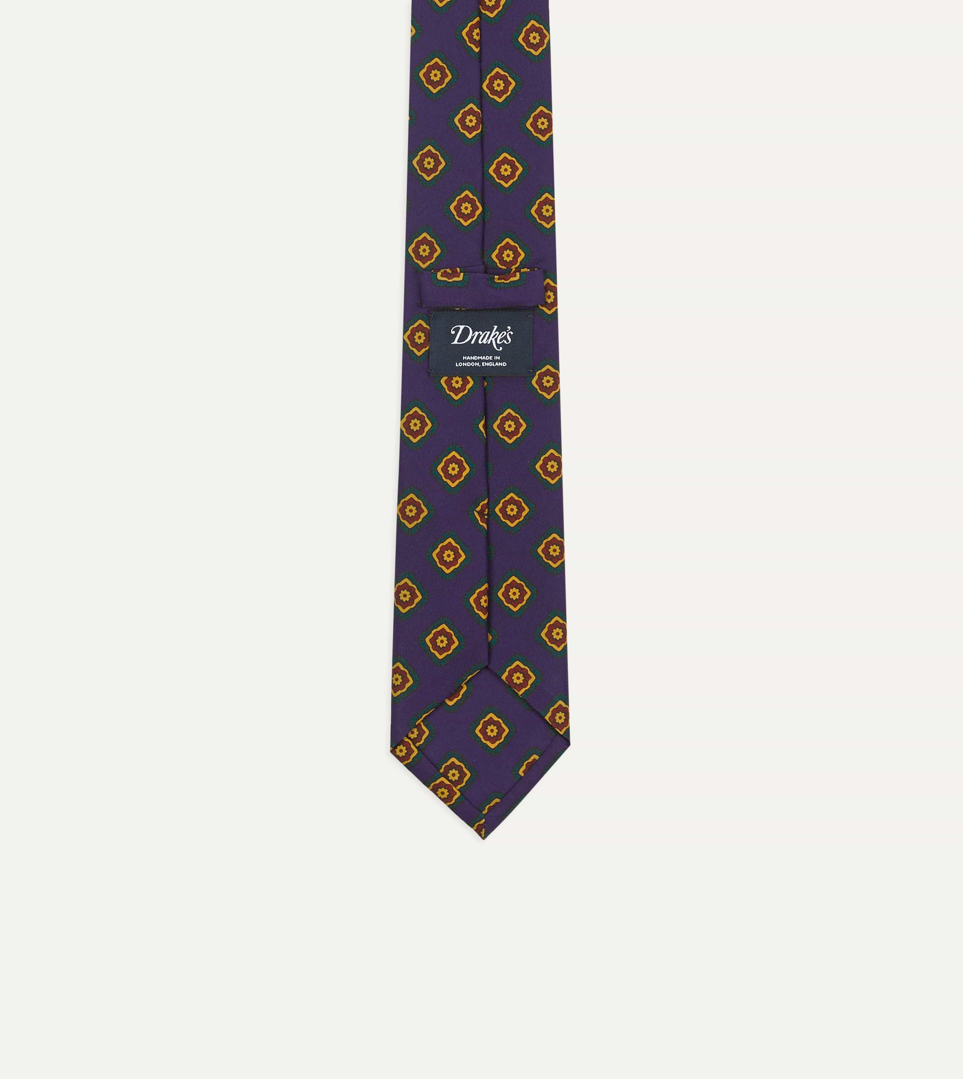 Navy Flower Medallion Print Madder Silk Self Tipped Tie - Image 3