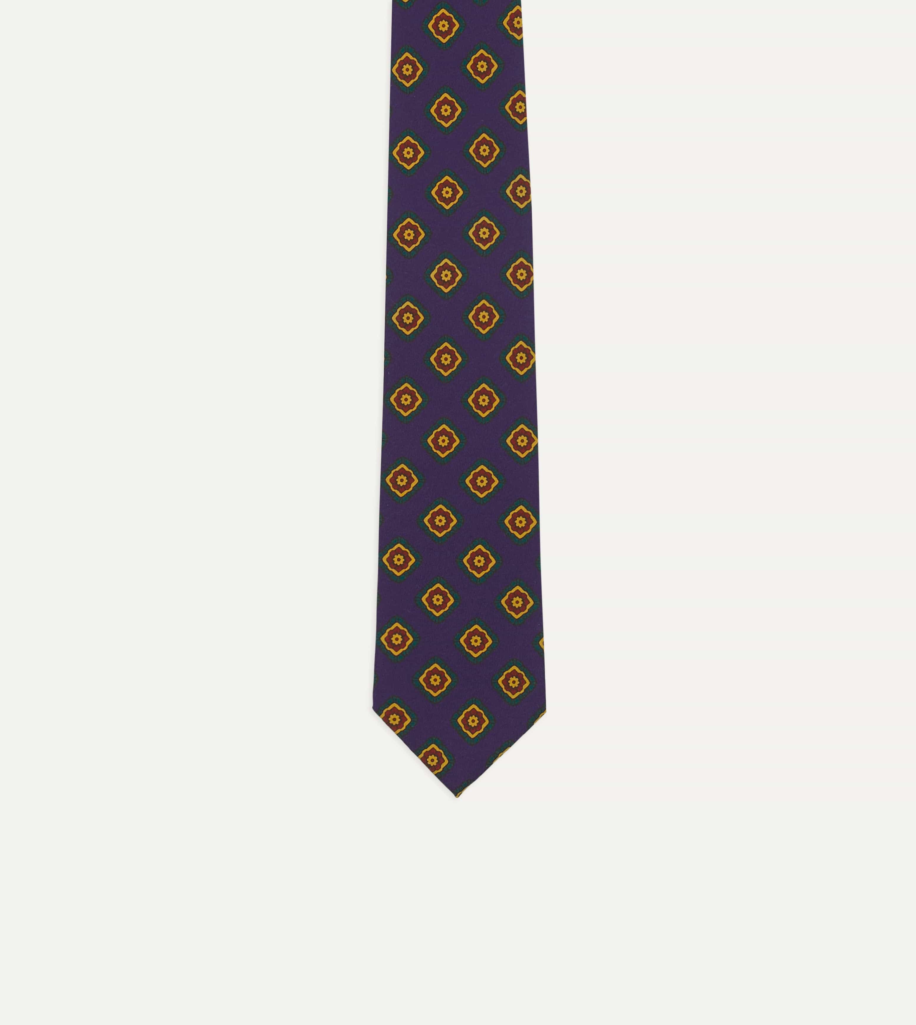 Navy Flower Medallion Print Madder Silk Self Tipped Tie - Image 4