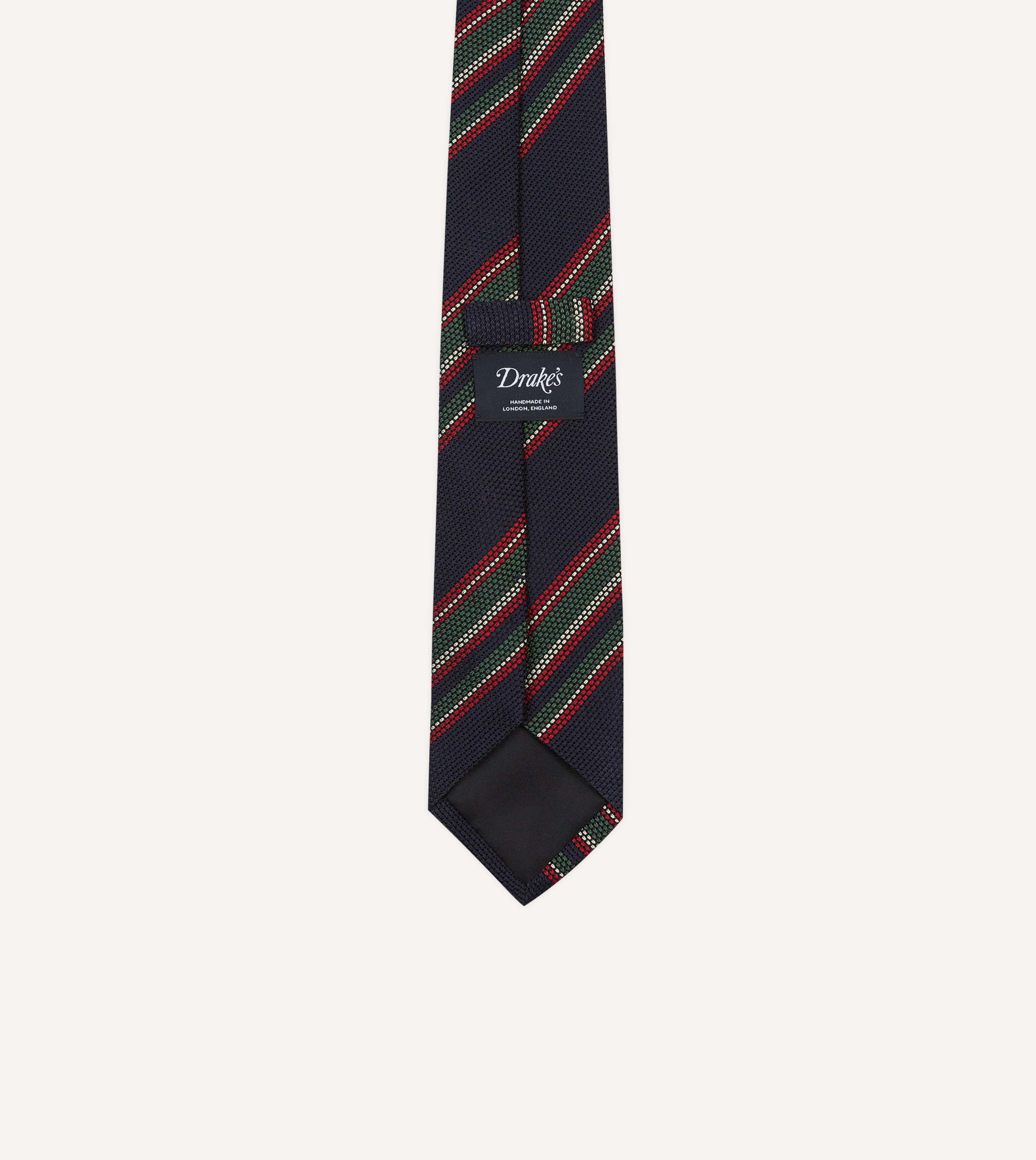 Navy, Green and Red Stripe Hand Rolled Silk Grenadine Tie - Image 4