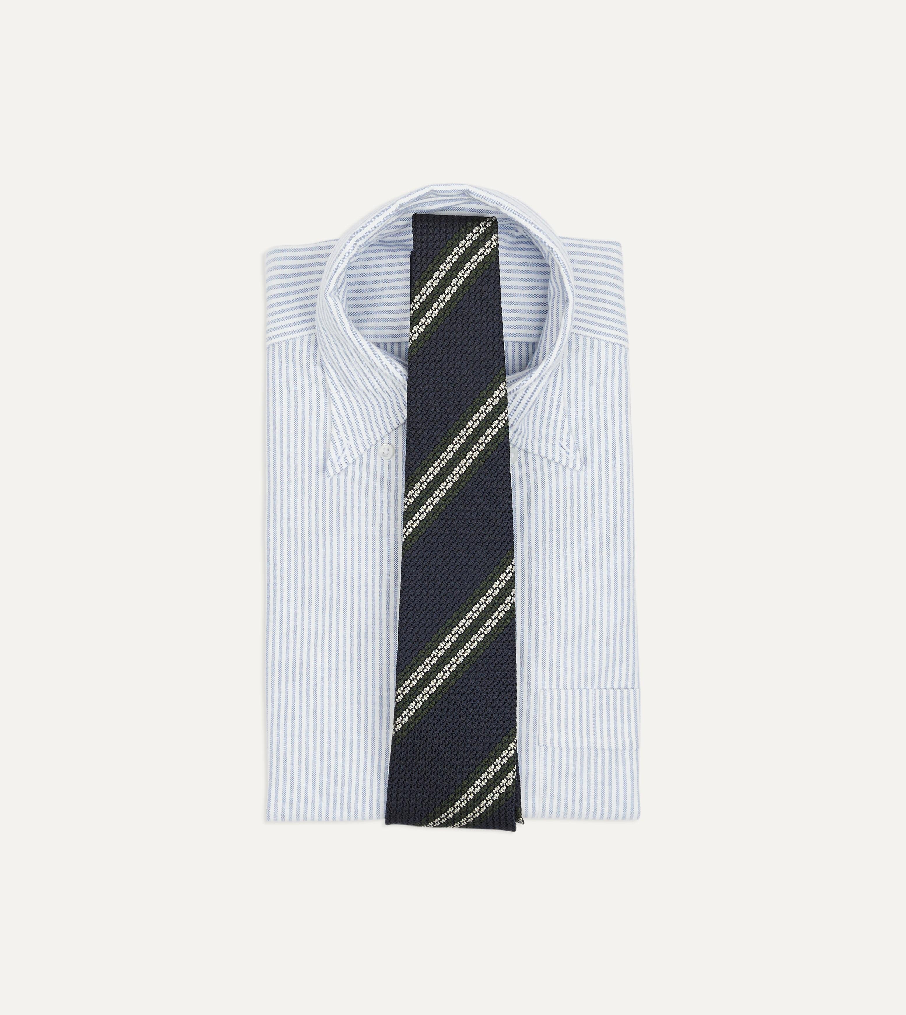 Navy, Green and White Double Stripe Silk Grenadine Tie - Image 2