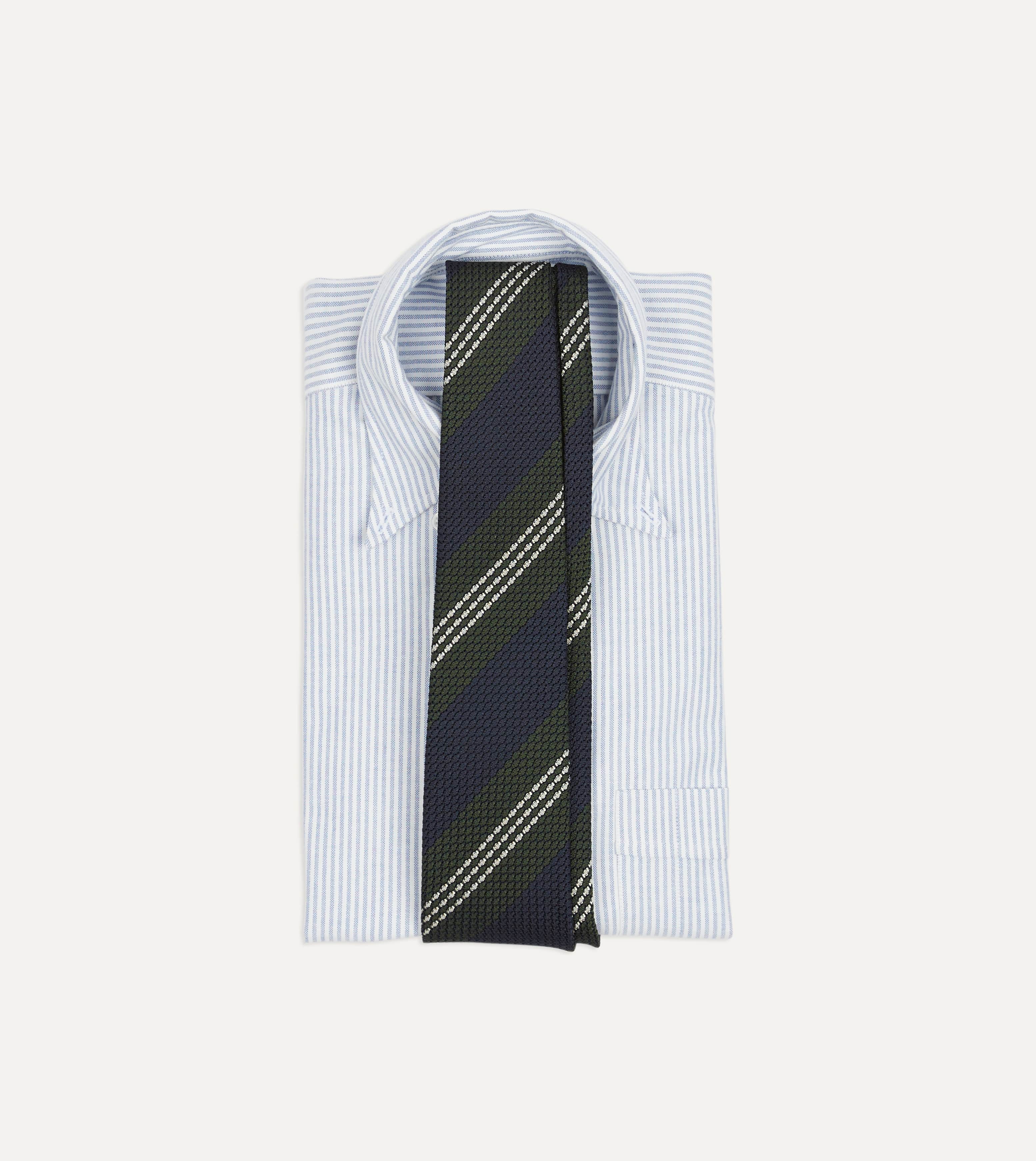 Navy, Green and White Multi Stripe Silk Grenadine Tie - Image 2
