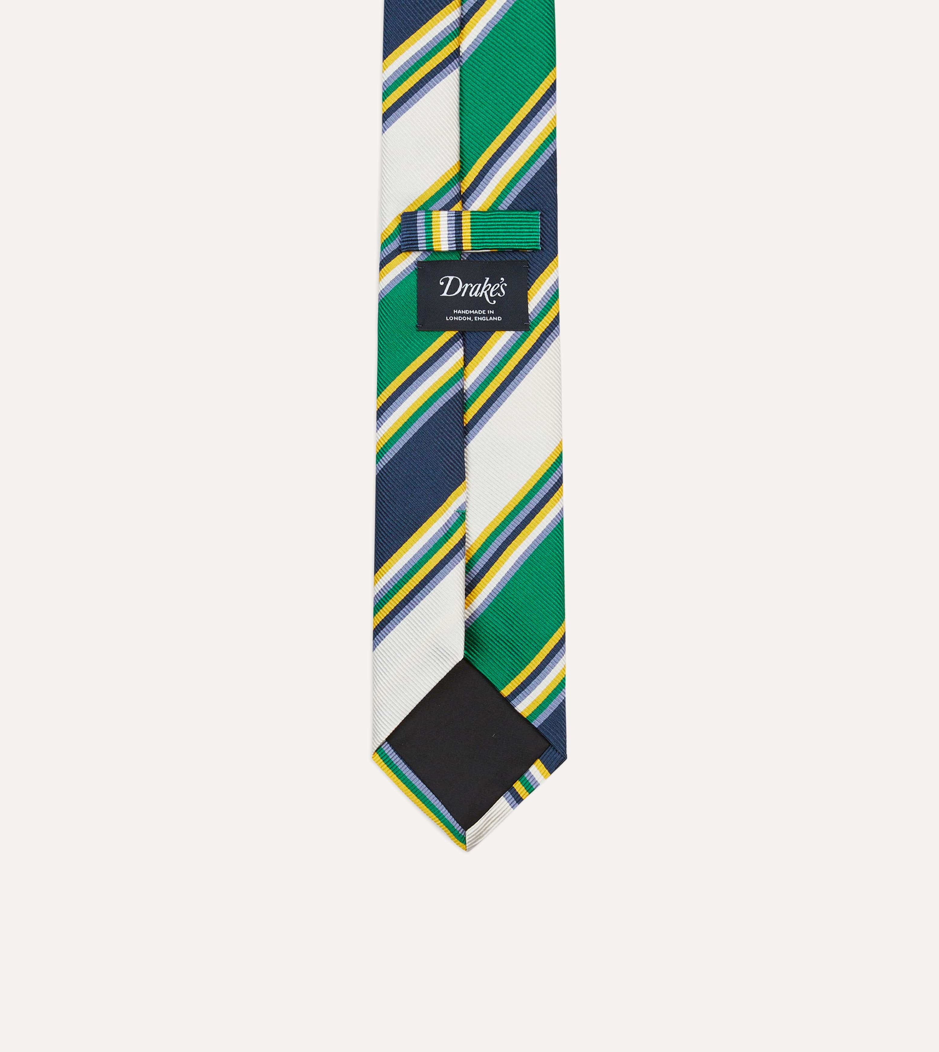 Navy, Green and White Stripe Mogador Silk Tipped Tie - Image 4