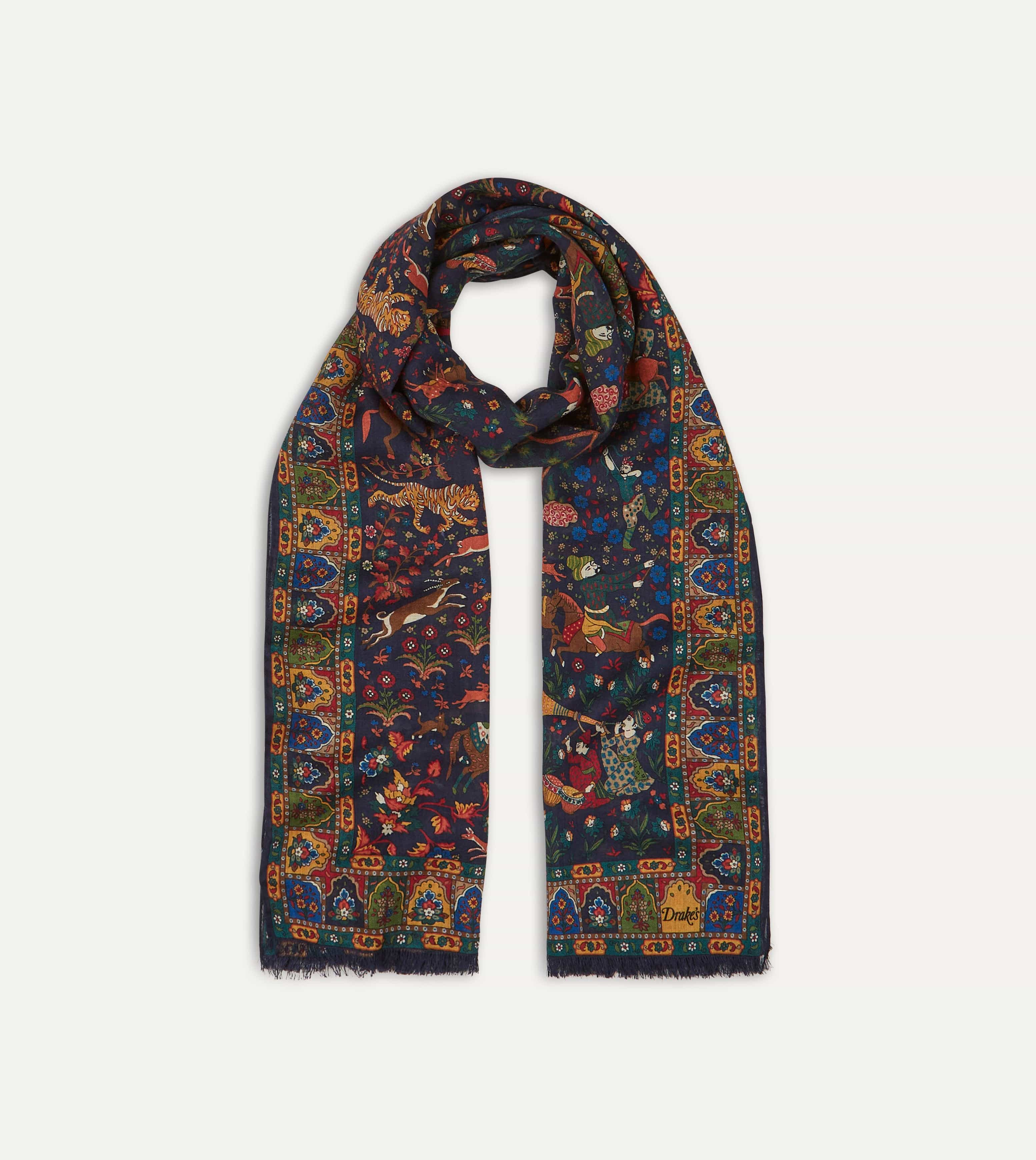Navy Mughal Hunter Print Wool-Silk Scarf - Image 3