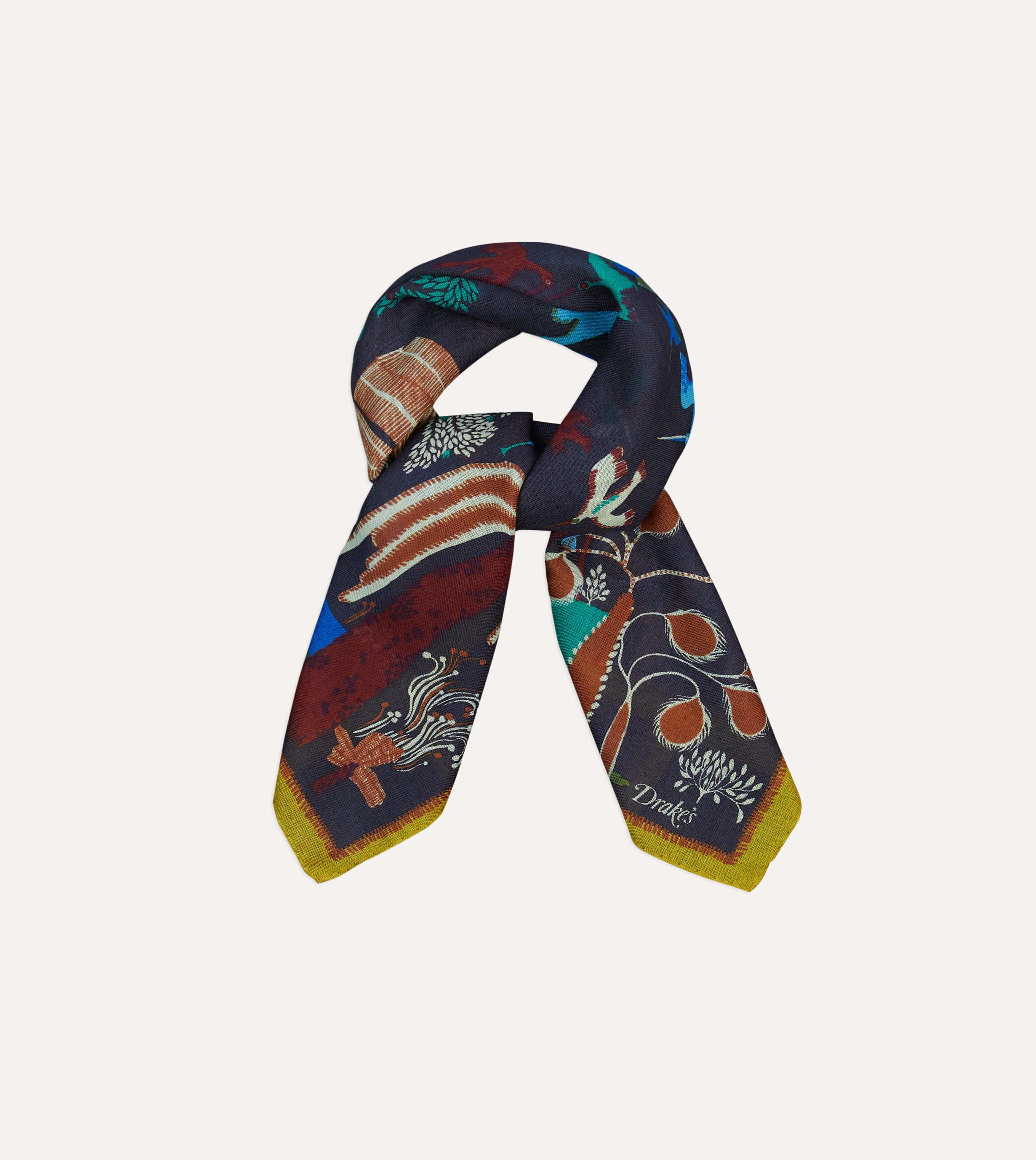 Navy Palm Print Wool-Silk Bandana - Image 5