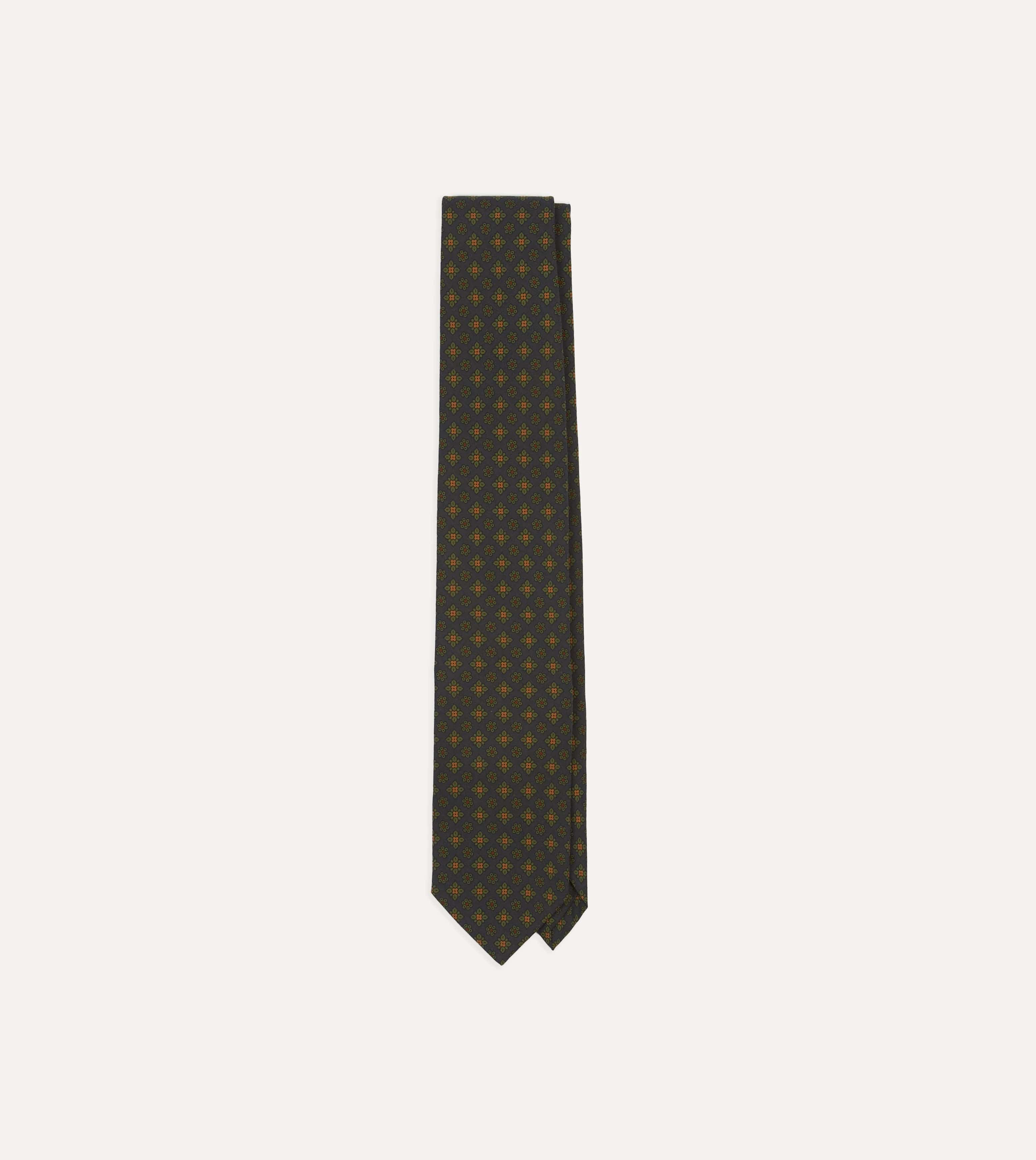 Navy Square Floral Medallion Print Wool-Silk Self Tipped Tie