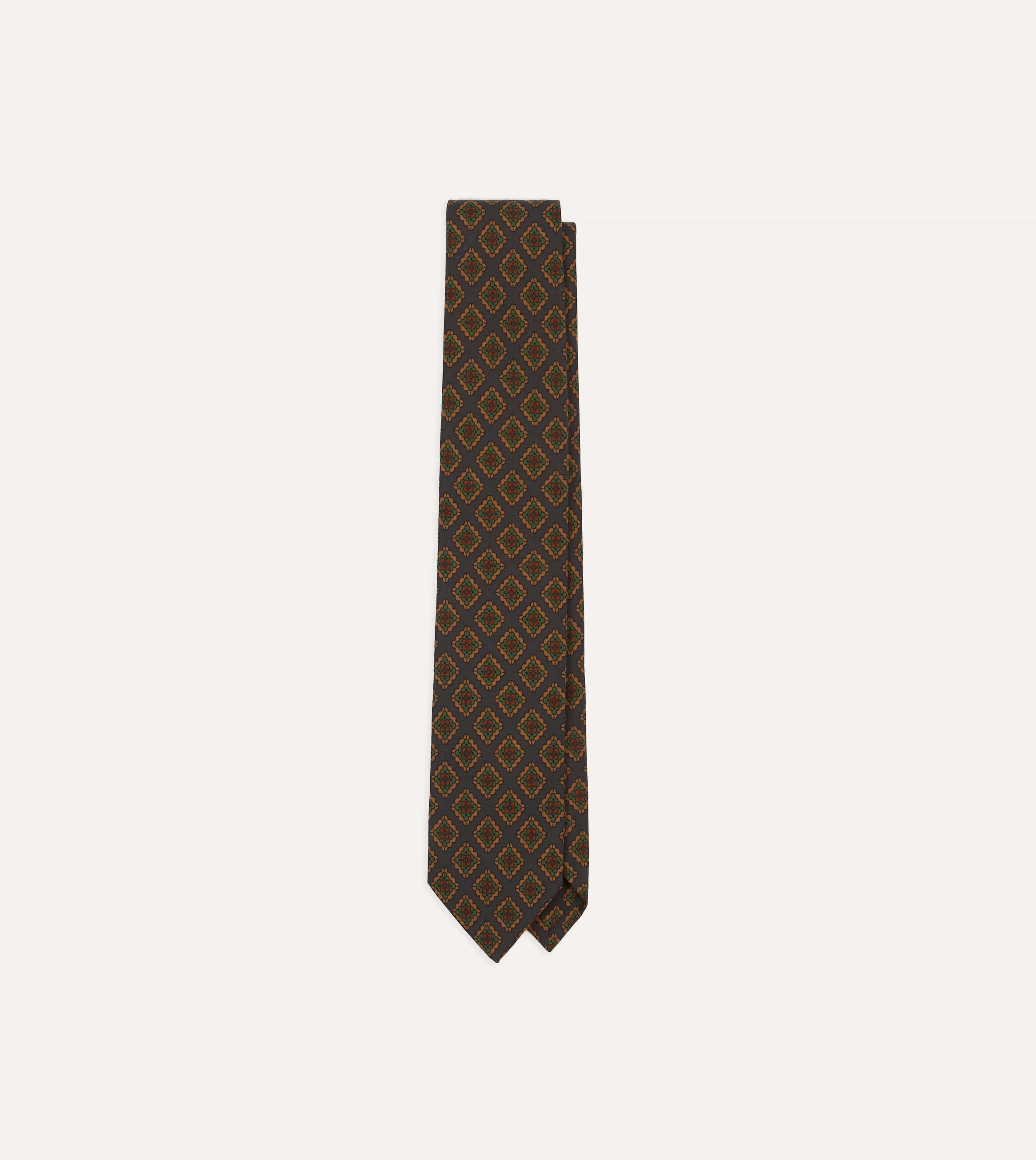Navy Square Flower Medallion Print Wool-Silk Self Tipped Tie