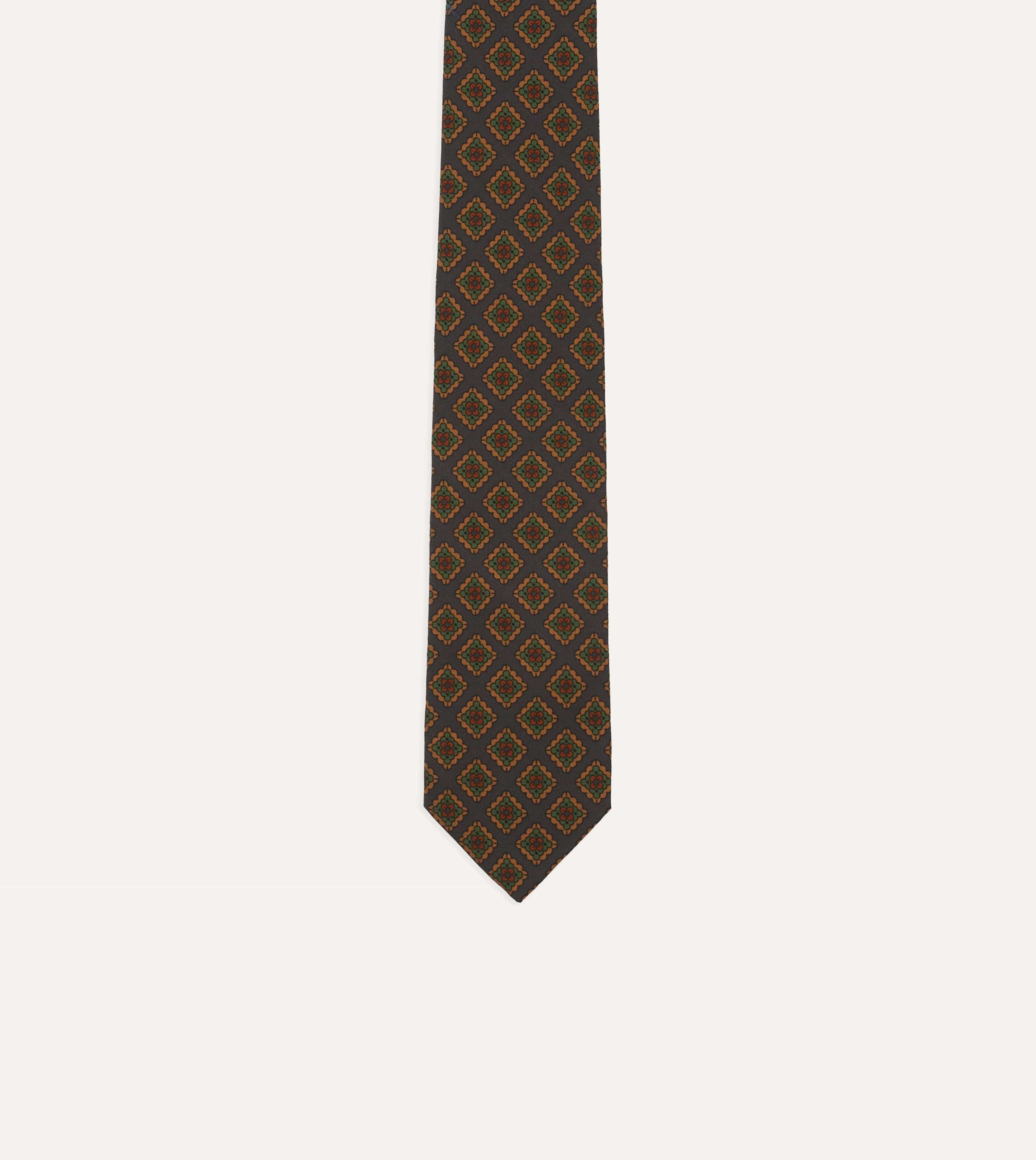 Navy Square Flower Medallion Print Wool-Silk Self Tipped Tie - Image 3