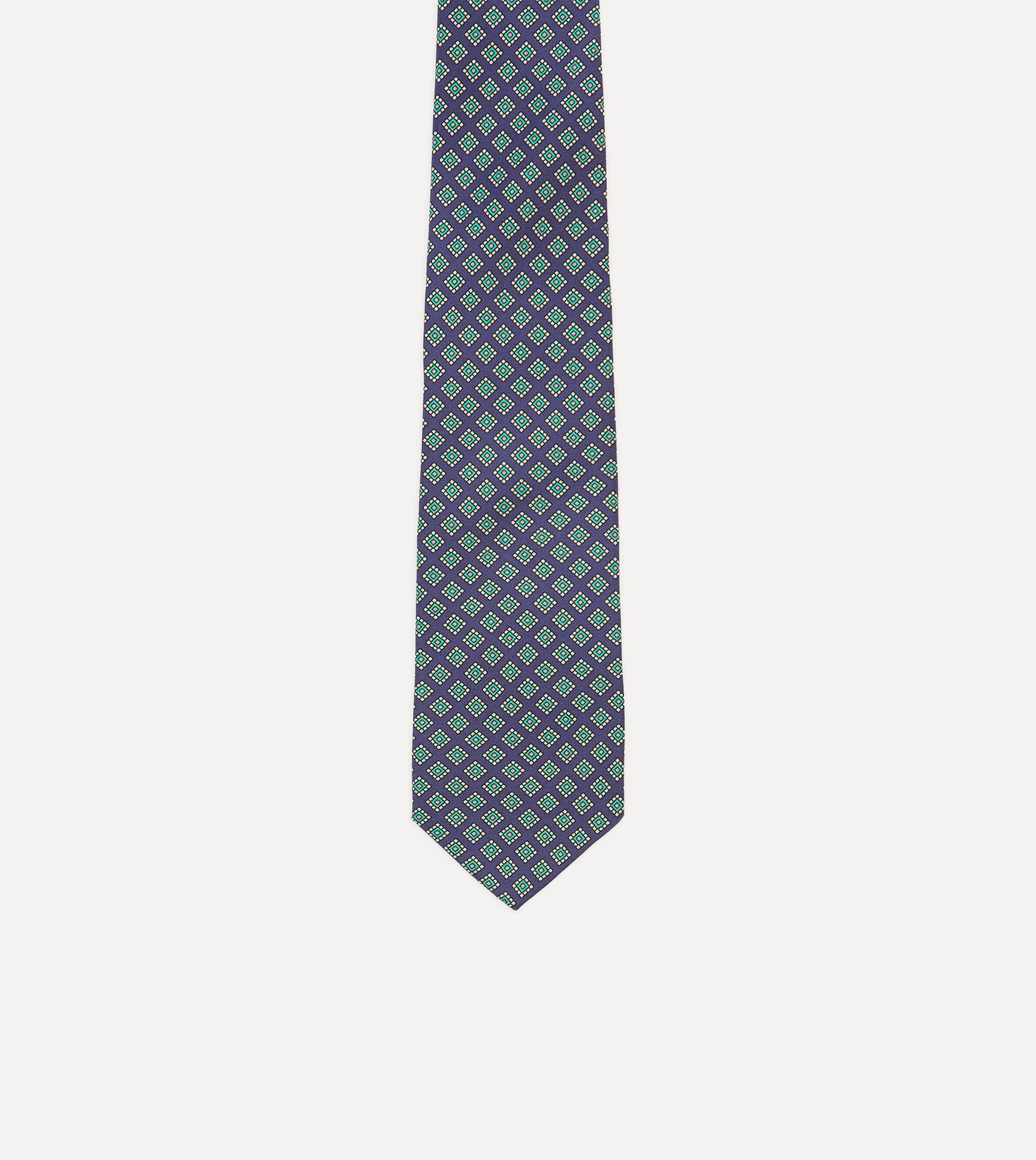 Navy Square Medallion Self-Tipped Silk Tie - Image 3