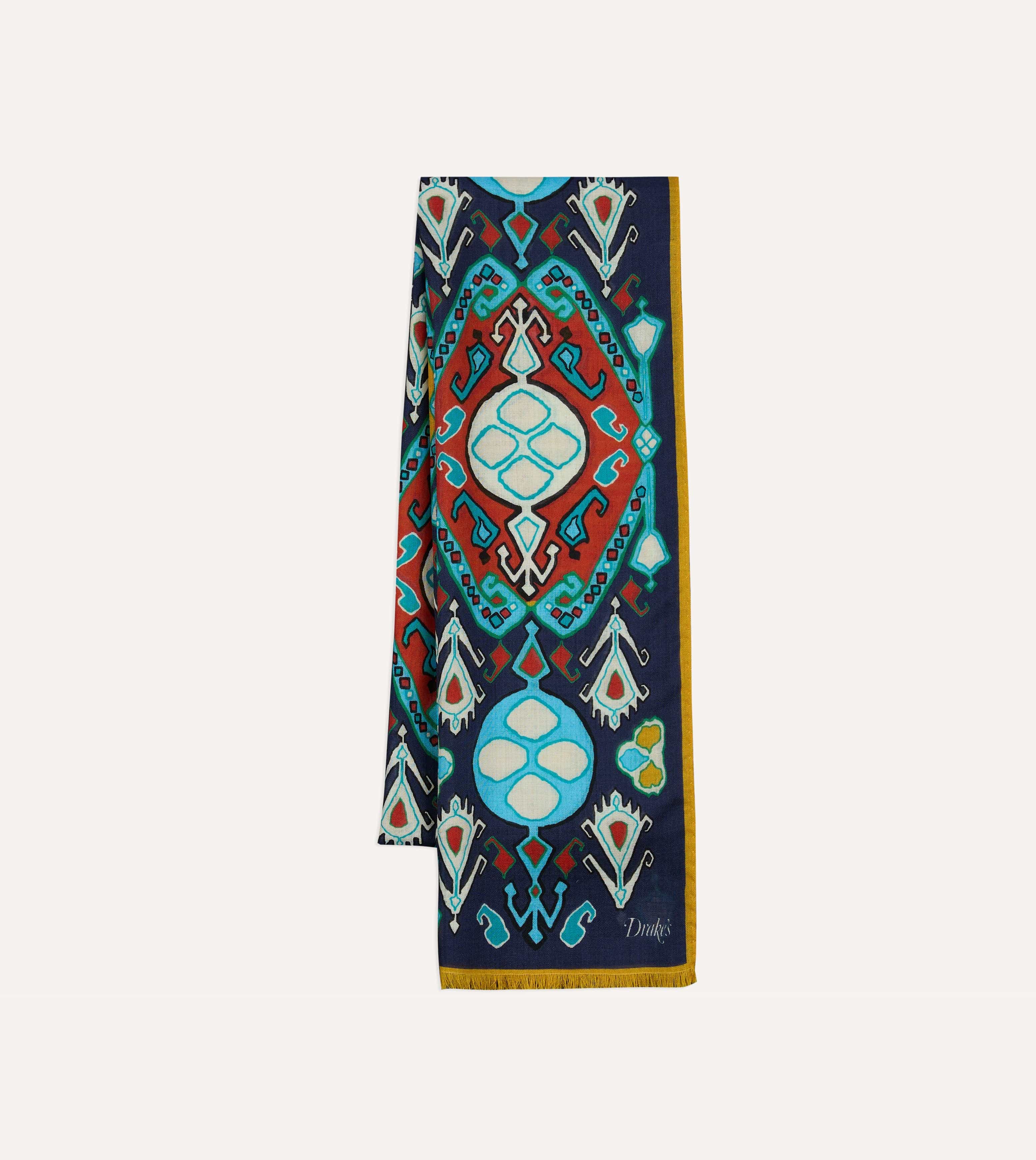 Navy Tapestry Print Wool Silk Scarf